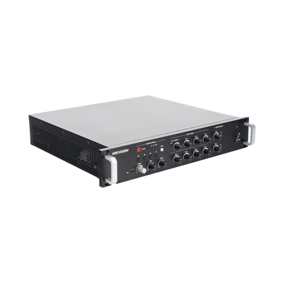 Amplificador de audio | 2 zonas de 250W | 100V/70V | Calendarización de eventos | Biblioteca de Materiales de Audio | Entrada de Alarma | Hik-connect /Hikcentral profesional