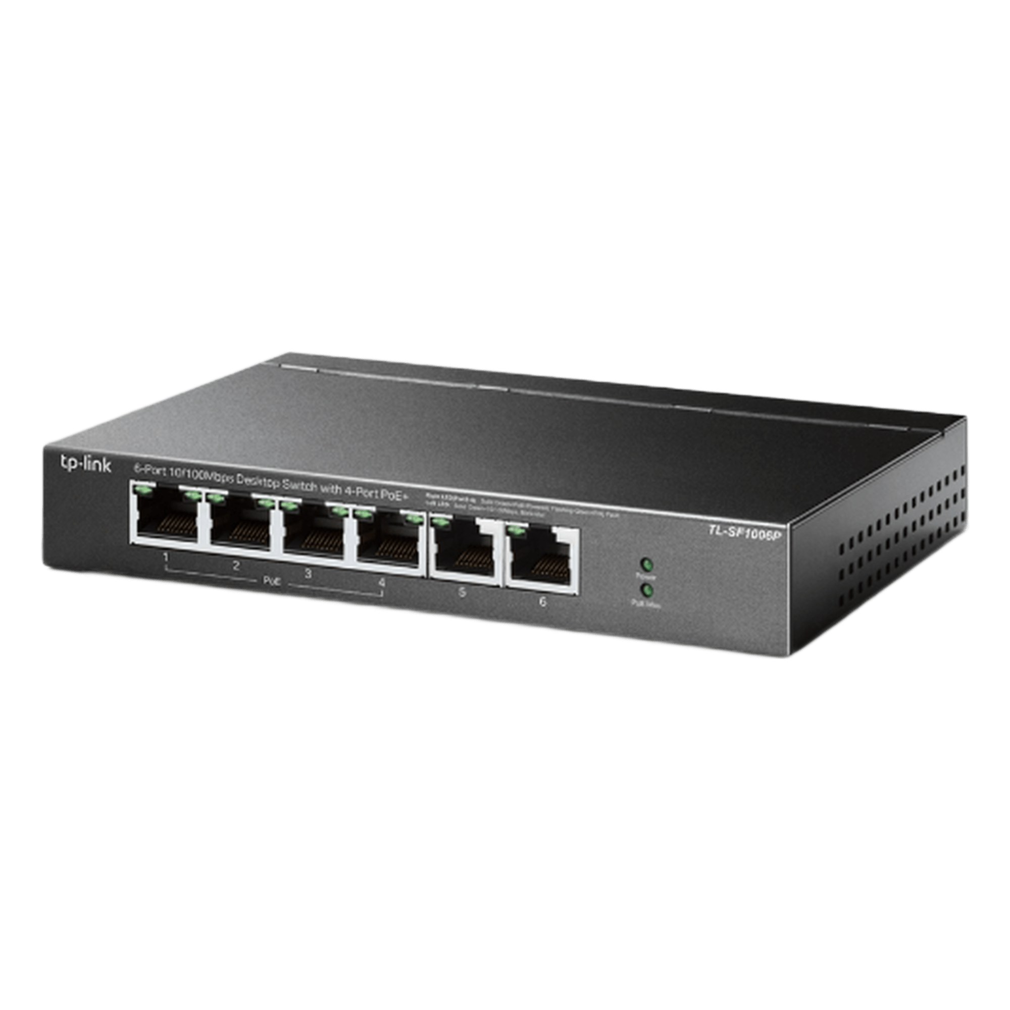 Switch PoE no Administrable de escritorio / 6 puertos 10/100 Mbps / 4 puertos PoE af/at / Presupuesto 67 W / Modo Extensor hasta 250 m / Calidad video prioritaria — TP-LINK · SKU TLSF1006P
