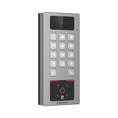 (PoE / 2 Relays) Teclado con Lector Físico de QRs para Exterior Antivandálico IP65 & IK09 con función de Videoportero Multiapartamento / Tarjeta, Código QR, PIN o App HikConnect / Cámara 2 MP compatible con NVRs /
