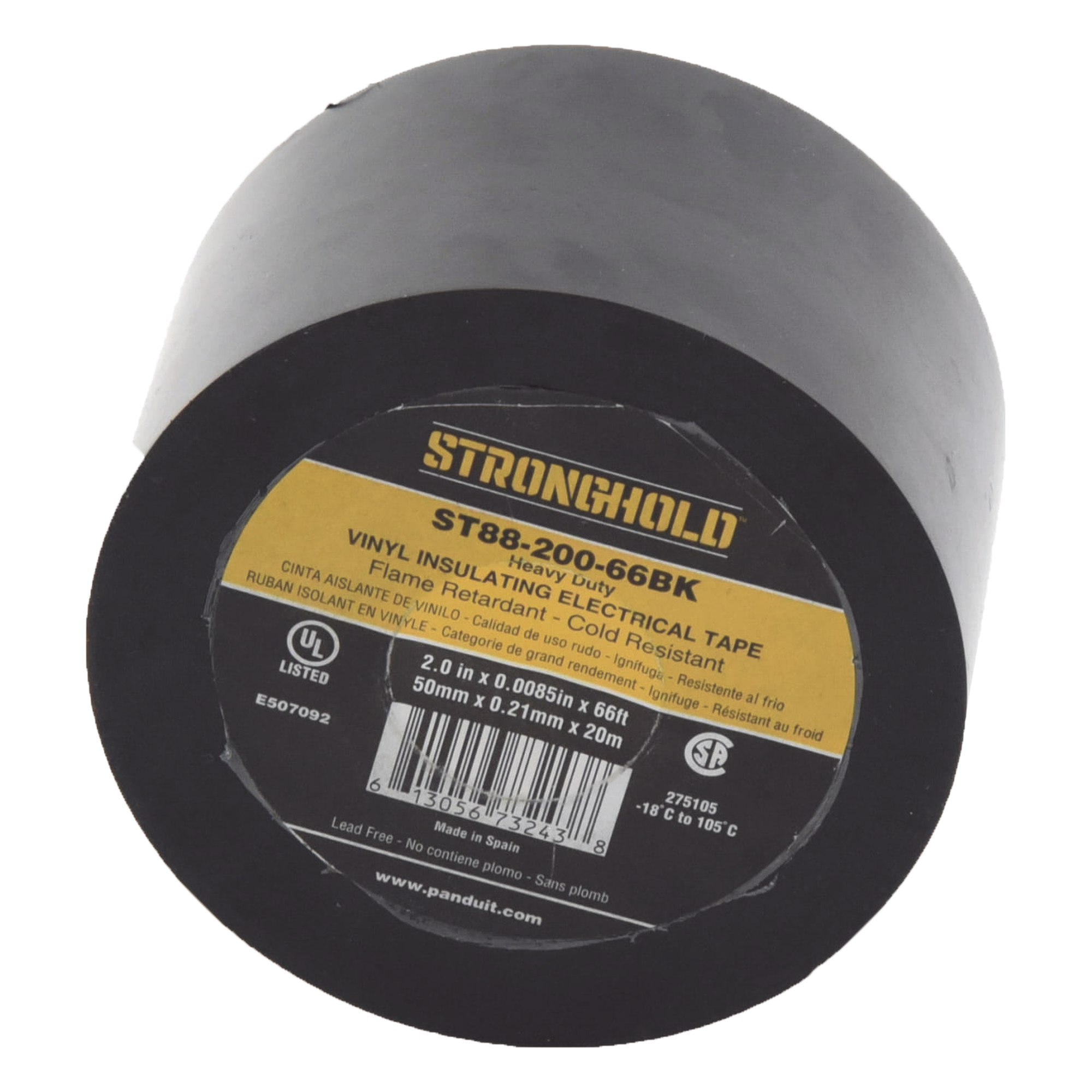 Cinta Eléctrica STRONGHOLD Para Aislar, de PVC, Trabajo Pesado Eléctrico (UV, abrasión, aceite, corrosión), Grosor 0.21 mm (8.5 mil), Ancho 50 mm, y 20 m Largo, Uso Int./Ext., Color Negro. Superior a cinta Super 33  — PANDUIT · SKU ST88-200-66BK