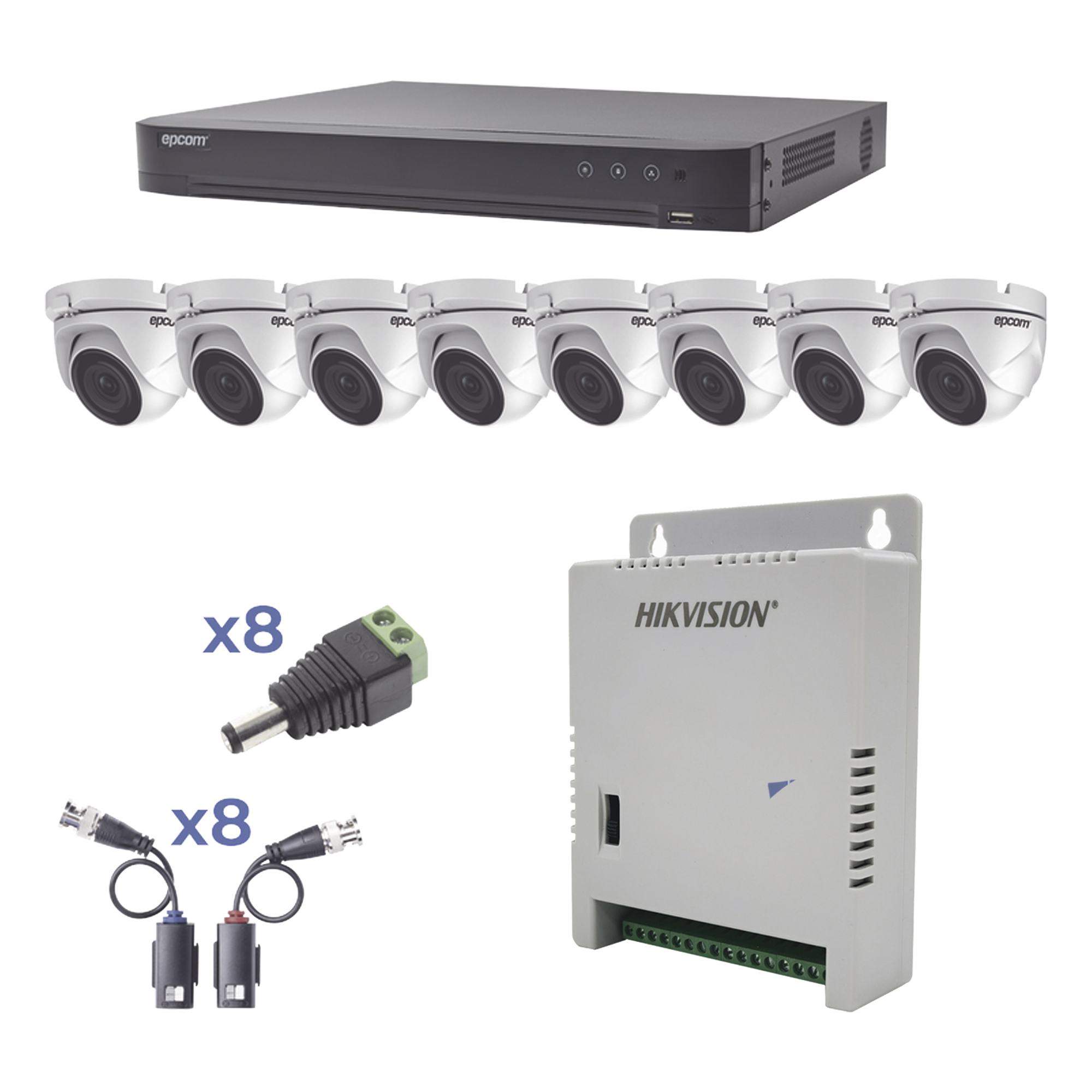 KIT TurboHD 1080p / DVR 8 Canales / 8 Cámaras Eyeball (exterior 2.8 mm) / Transceptores / Conectores / Fuente de Poder Profesional hasta 15 Vcc para Larga Distancia — EPCOM PROFESSIONAL · SKU KEVTX8T8EW