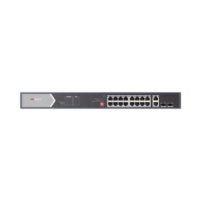 Switch Gigabit PoE+ / No Administrable / 16 Puertos 1000 Mbps PoE+ (4 Puertos PoE++ 90 W) / 2 Puertos 1000 Mbps Uplink + 2 Puertos SFP de Uplink / Modo Extendido hasta 300 Metros / 225 W — HIKVISION · SKU DS-3E0520HP-E