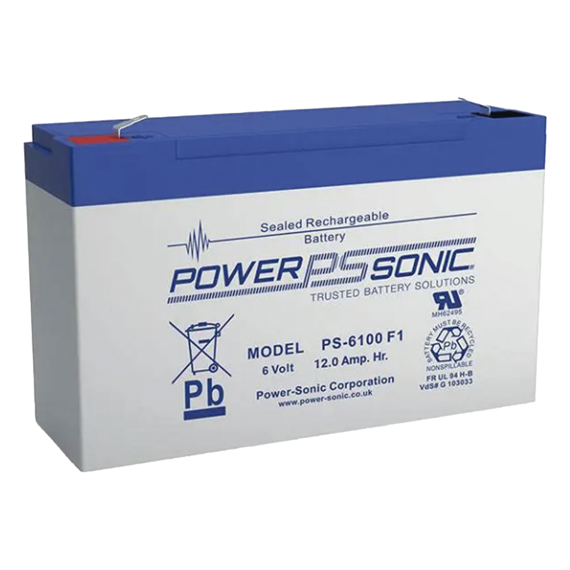 Batería de Respaldo AGM/VRLA / 6V / 12Ah / Terminales F2 / 5 Años Vida Útil / UL Certificada — POWER SONIC · SKU PS-6100-F2