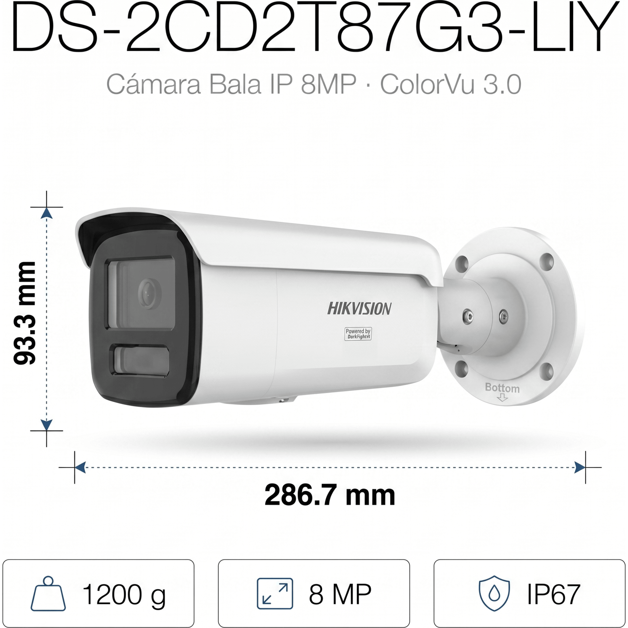 [Dual Light + ColorVu 3.0 + HikAI] Bala IP 8 Megapixel / Lente 4 mm / 60 mts IR + Luz Blanca / Exterior IP67 / WDR 130 dB / ACUSENSE 3.0 / Metal / NEMA 4X / ACUSEEK