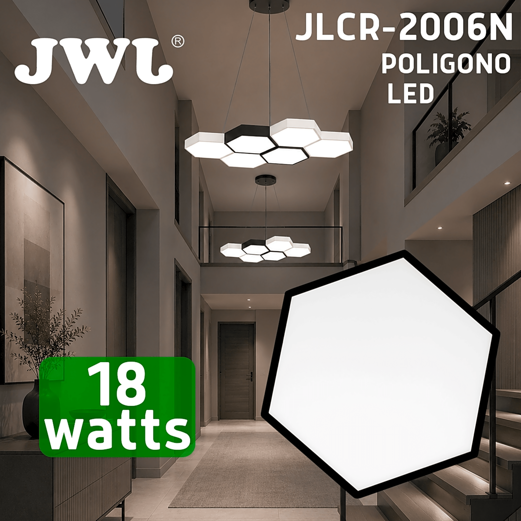 Lampara LED Poligonal de 18 W / 1 800 lm / 127-265V~50/60Hz / Acabado Blanco Mate / Angulo de Luz 140° / Dimensiones 230 x 60 mm (Largo y Alto) / Sobreponer /Luz Fría 6 500 K