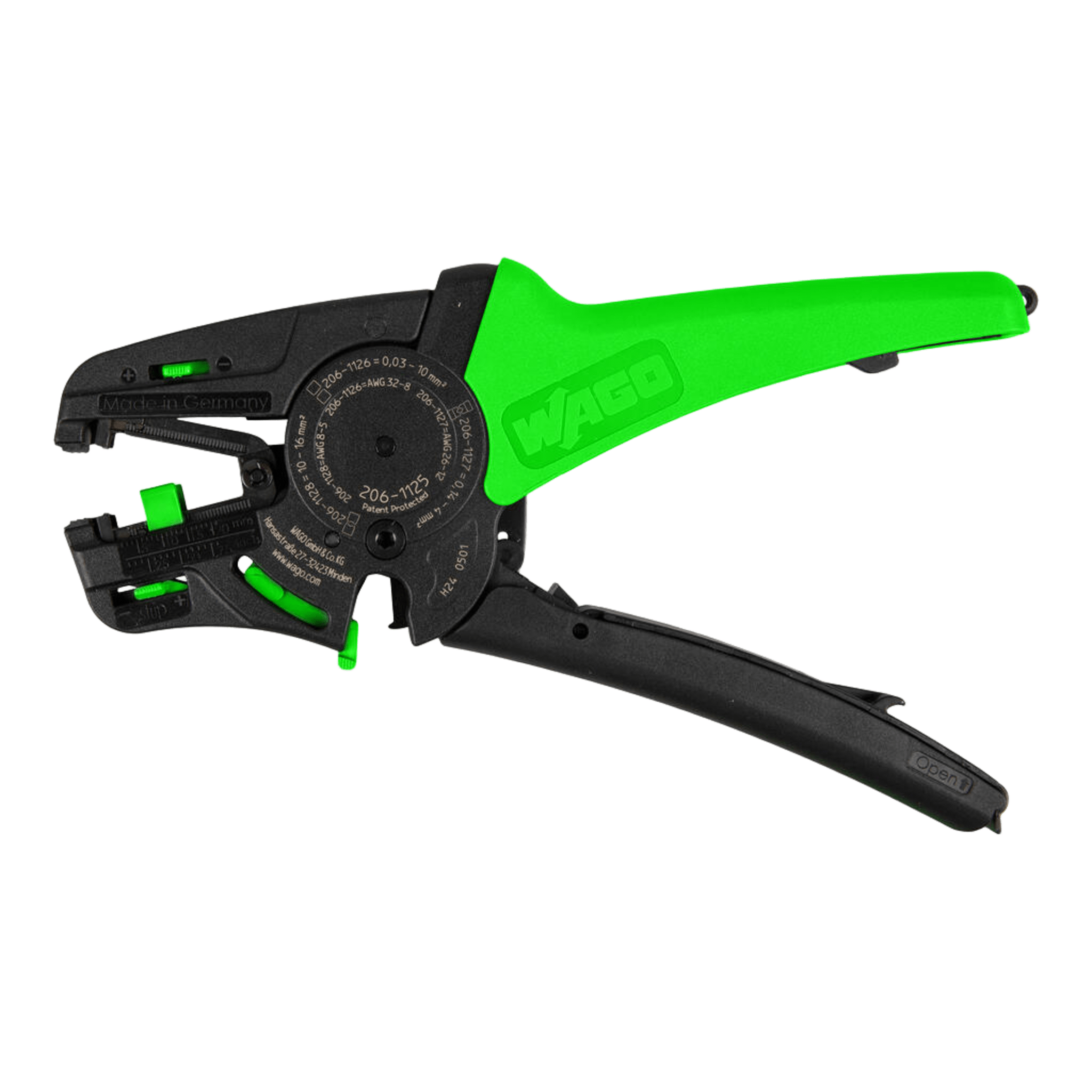 Pelacable Manual / Quickstrip Vario / Capacidad 0.03-16 mm² / Ajuste Automático Sección / Función Corte / Pelado Parcial / Cuchilla Reemplazable / Verde-Negro — WAGO · SKU 206-1125