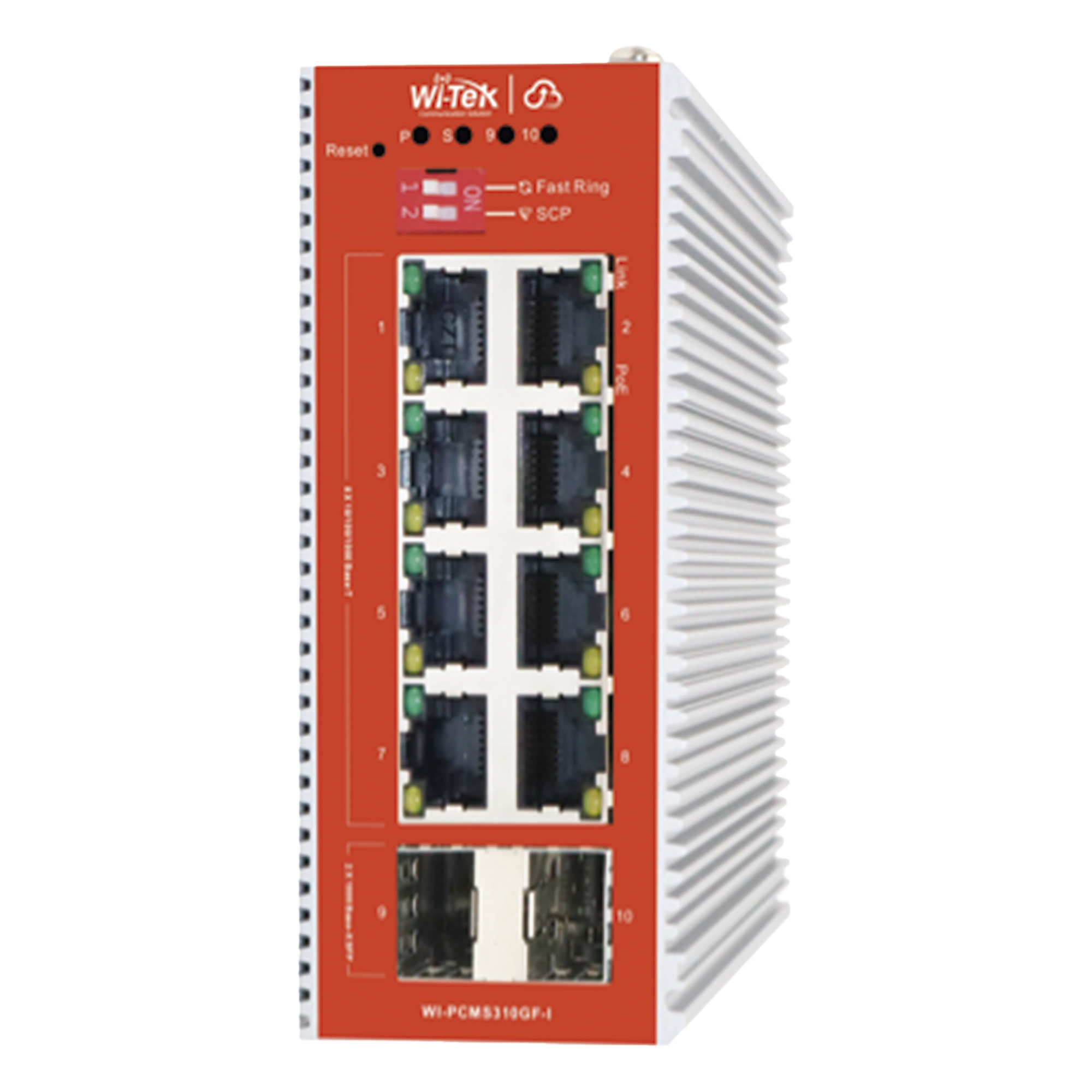 Switch L2+ PoE Industrial / Administración Cloud-Web-CLI / 8 Puertos PoE af/at 100/1000 Mbps / 2 Puertos SFP Gigabit / Presupuesto PoE 120 W / Protocolo ERSP (redundancia enlaces) — WI-TEK · SKU WI-PCMS310GF-I