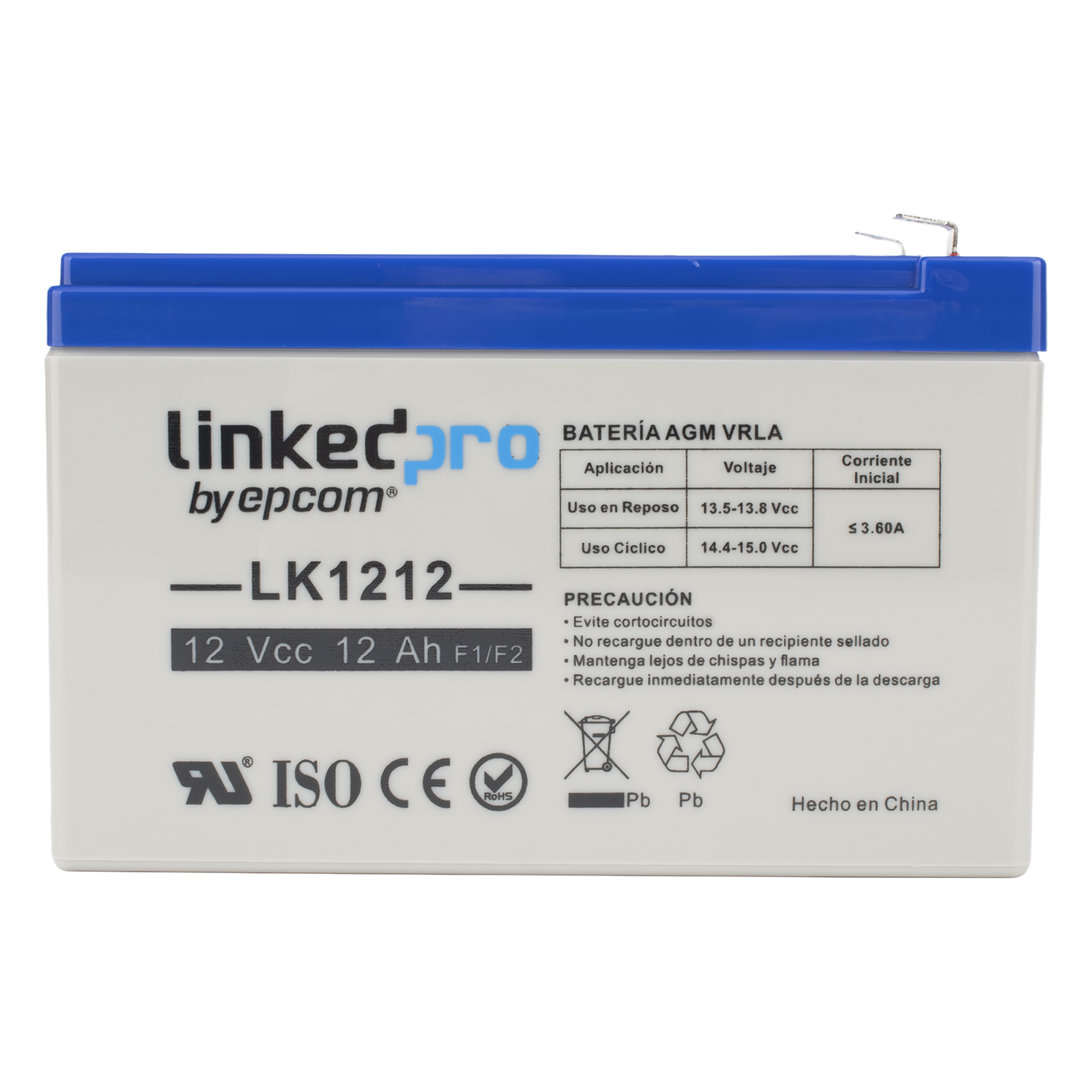 Batería de respaldo 12 V | 12 Ah | AGM | Especial para Seguridad Electrónica | UPS | Sistemas de Emergencia | Vida útil 5 años | Terminales F1 + Adaptador F2 — LINKEDPRO BY EPCOM · SKU LK1212