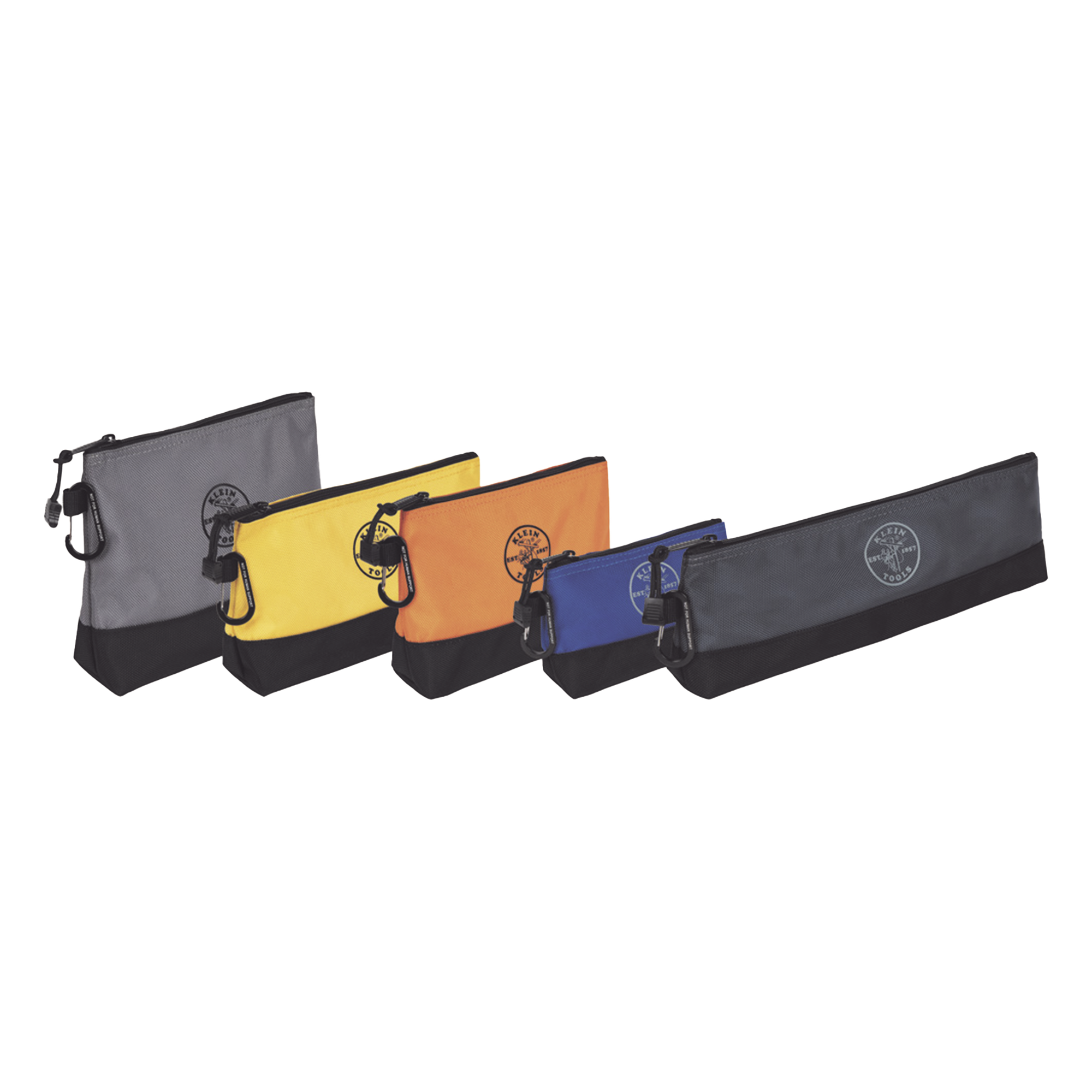 KIT 5 Bolsos Ultra Resistentes para Herramientas con Base y cierre Zipper, Colores: gris claro, amarillo, naranja, azul, gris oscuro. Todos con Mosquetones de Aluminio. — KLEIN TOOLS · SKU 55569