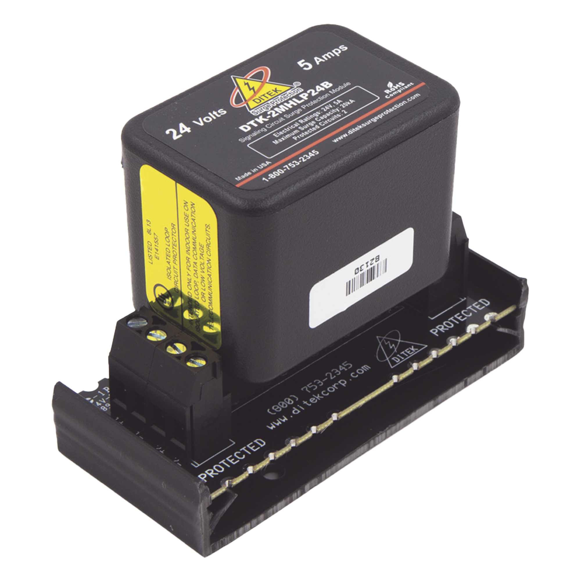 Protector Modular 24 V / 2 Pares / Base Desmontable / Snap-Track / Paneles de Incendio y Alarma — DITEK · SKU DTK-2MHLP24BWB