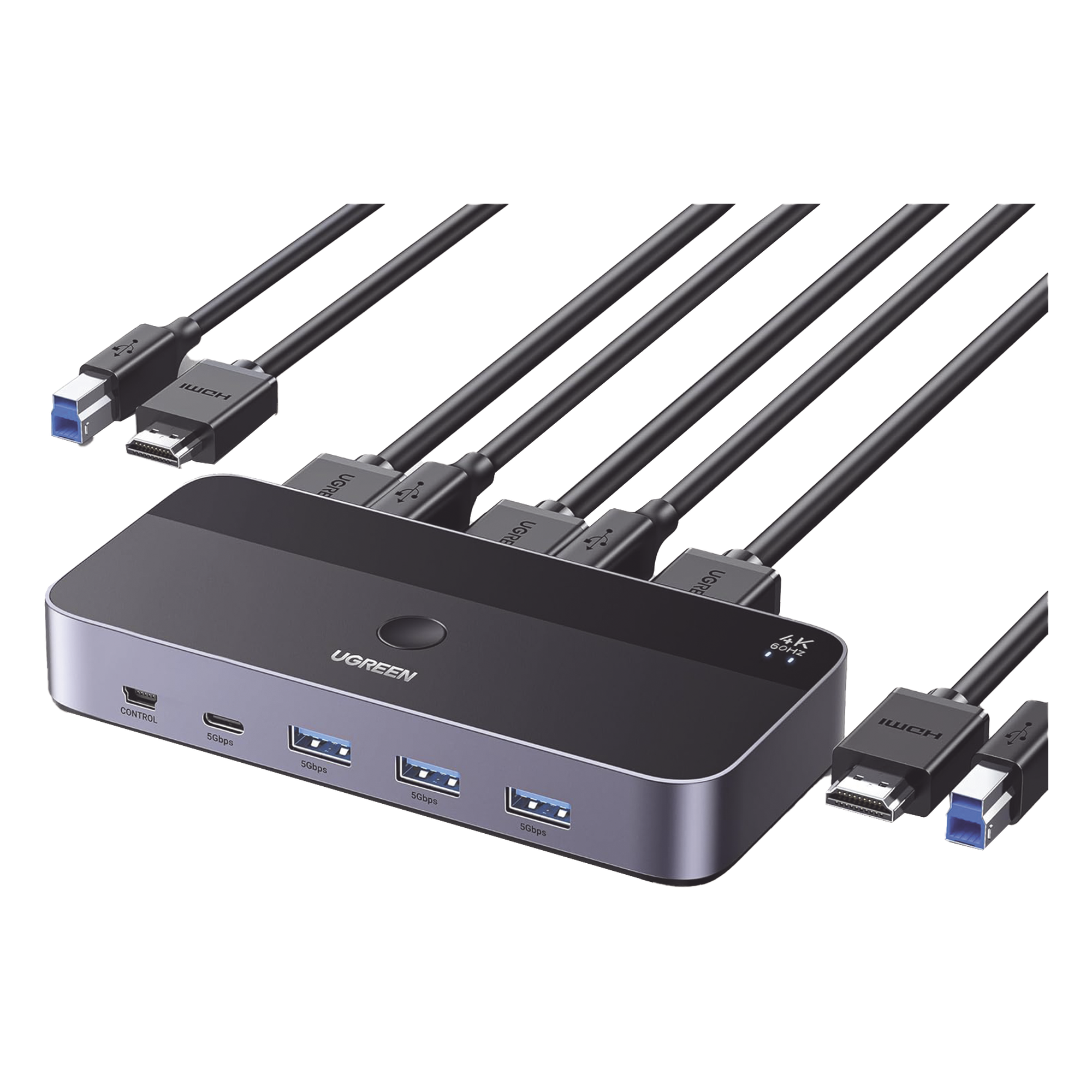 Conmutador KVM HDMI 4K | HDMI 2.0 | 2 Entradas 1 Salida | 4 Puertos USB 3.0 (3 USB-A *1 USB-C) | Soporta 4K@60Hz | HDR | Indicador Led | Compatible Win, MacOs y Linux | Carcasa de Aluminio. — UGREEN · SKU 15707