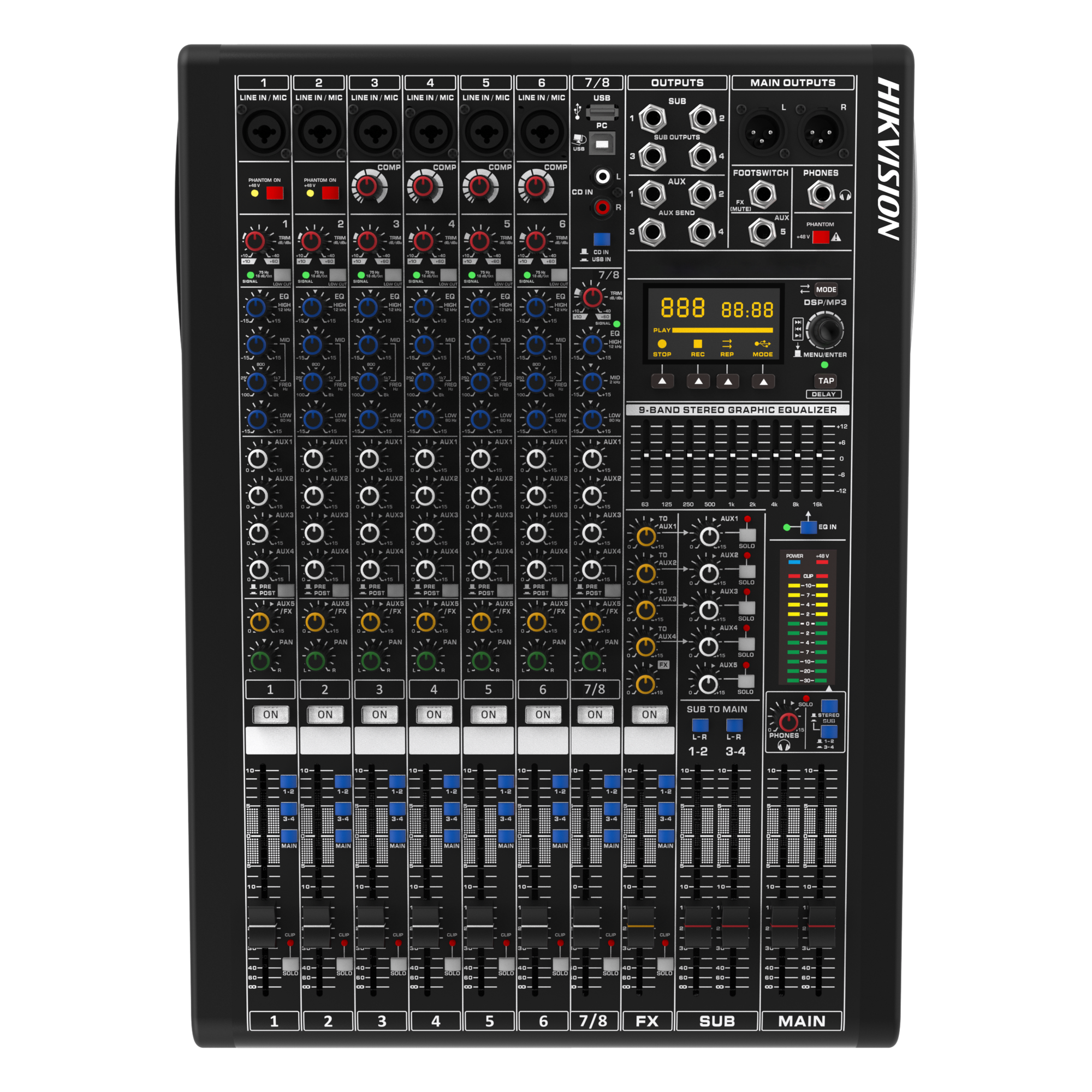 Consola de Mezcla Analógica | 8 Canales | 6 Entradas Mic/Línea | 12 Salidas | DSP Efectos | USB Media | Bluetooth | Montaje en Rack — HIKVISION · SKU DS-QAPMCR8-A