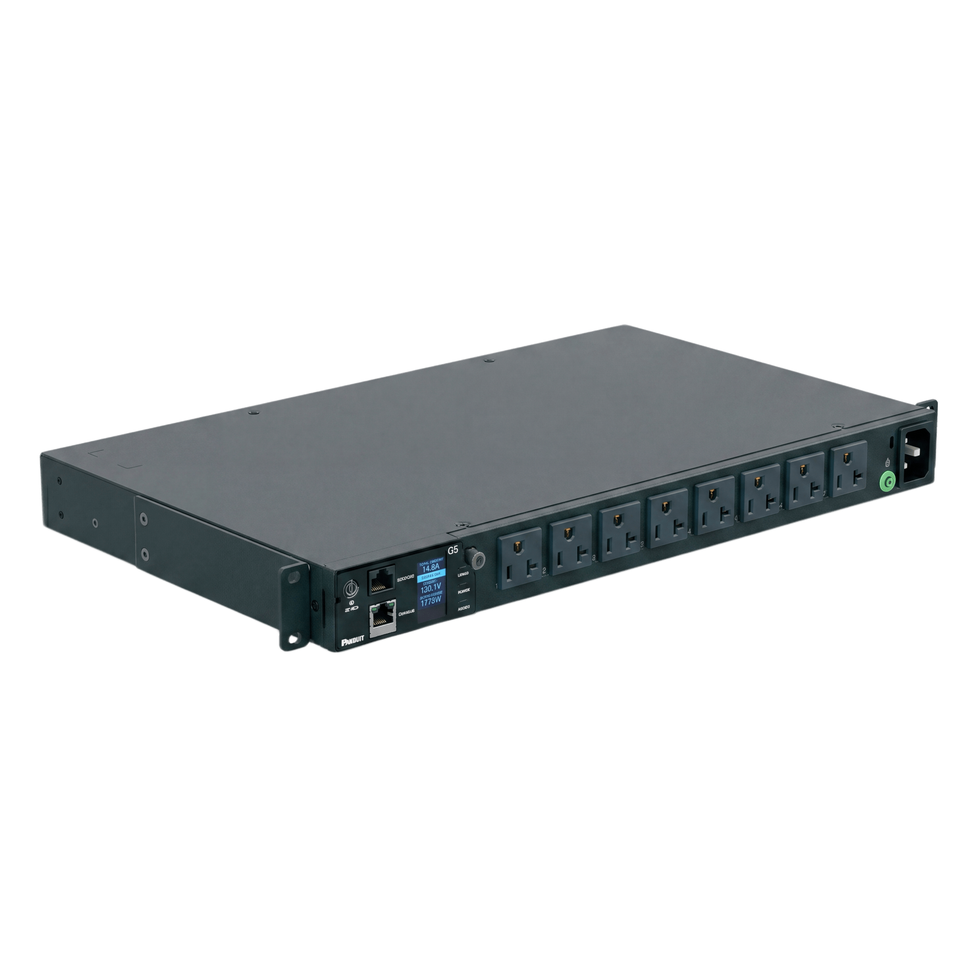 PDU Monitoreable (MI) para Distribución de Energía, Enchufe de Entrada NEMA 5-15P, Con 8 Salidas 5-20R, Horizontal 19in, 120 Vca, 20 Amp, 1UR