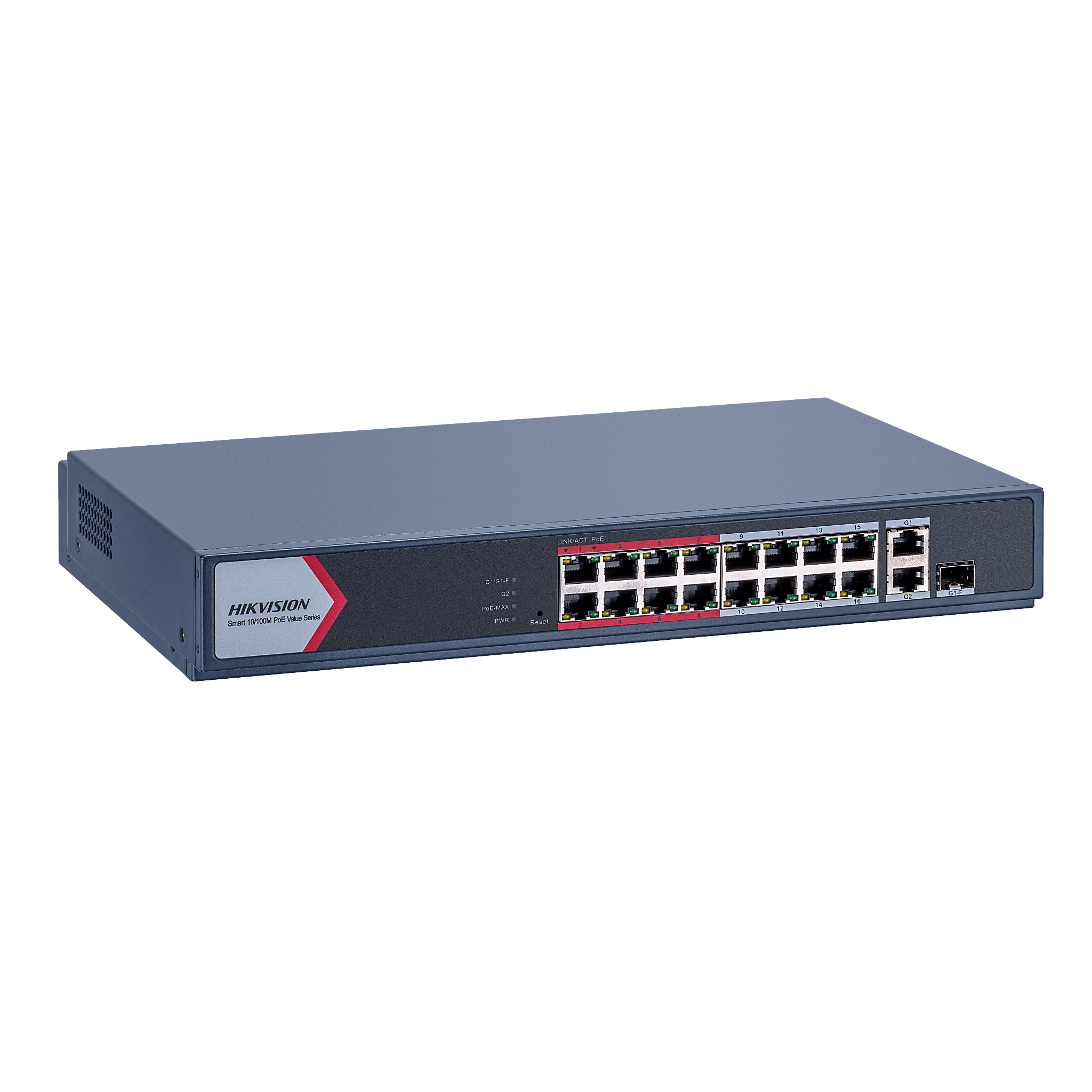 Switch PoE+ / Monitoreable / 16 Puertos 10/100 Mbps PoE+ / 2 Puertos 1000 Mbps Uplink / 1 Puerto SFP Uplink / Modo Extendido hasta 300 Metros / 130 W — HIKVISION · SKU DS-3E1318P-EI/M