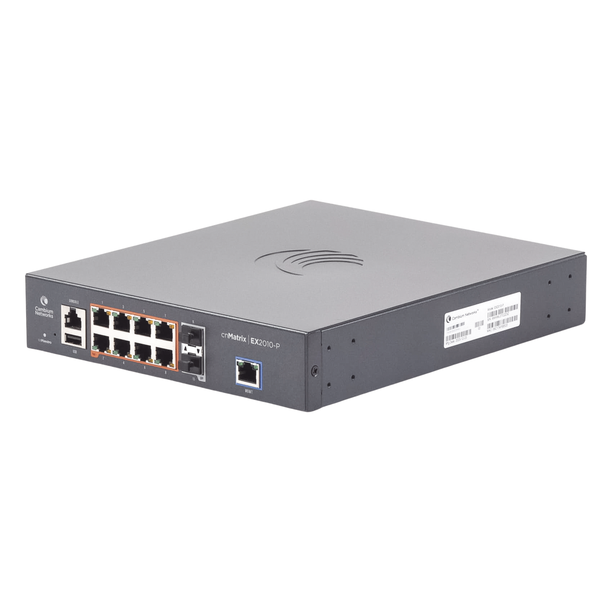 Switch cnMatrix EX2010-P capa 3 de 10 puertos(8 PoE Gigabit 802.3af/at, 2 SFP, 1 consola, 1 MNGMT, 1 USB) administración desde la Nube (MX-EX2010PXA-U) — CAMBIUM NETWORKS · SKU MX-EX2010PXA-U