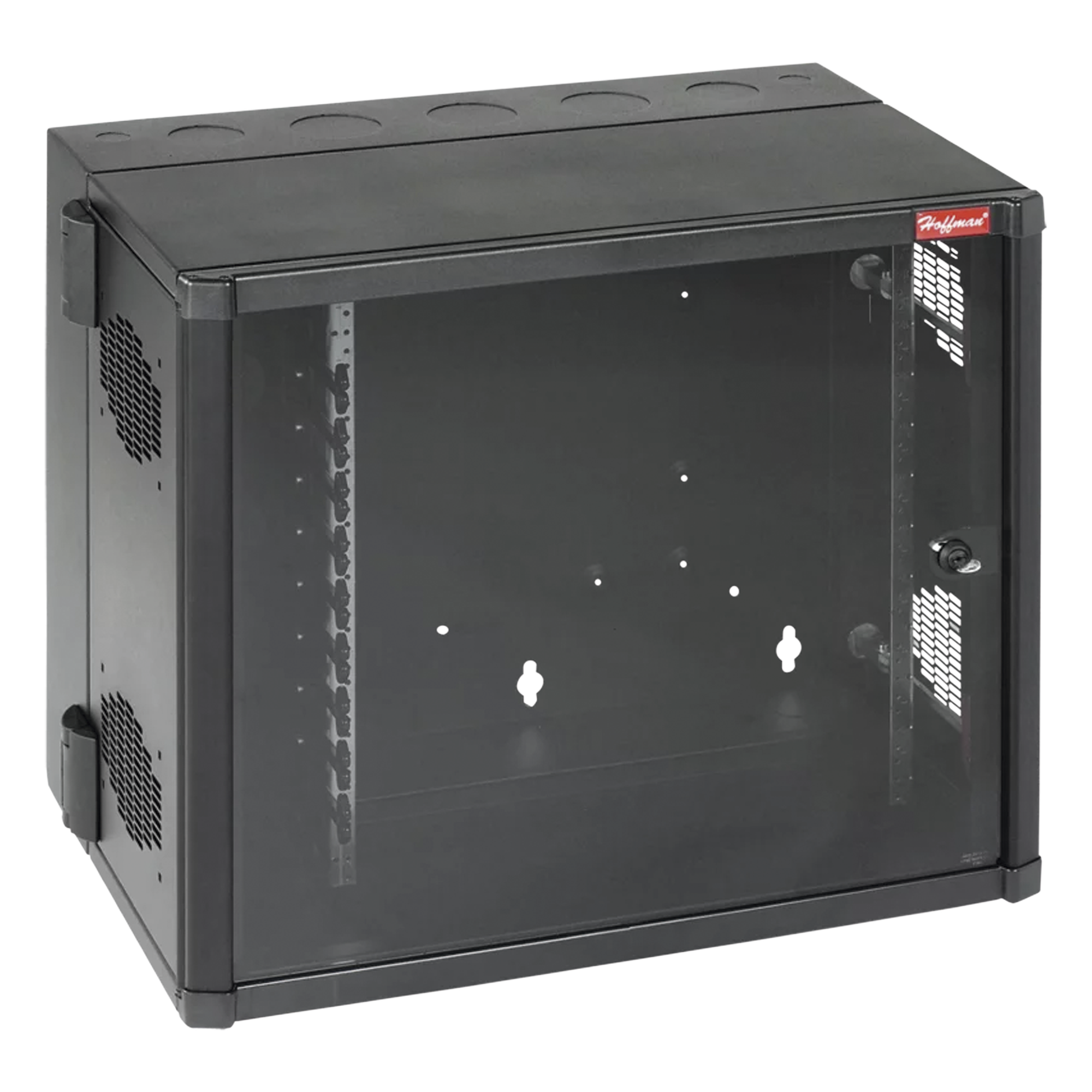 Gabinete AccessPlus de Montaje 26 UR en Pared de 19in, Rieles Numerados y Roscados #10-32, Puerta con Ventana de Seguridad, 700 mm de Ancho, 637 mm de Profundidad, Color Negro — HOFFMAN · SKU EWMW482825