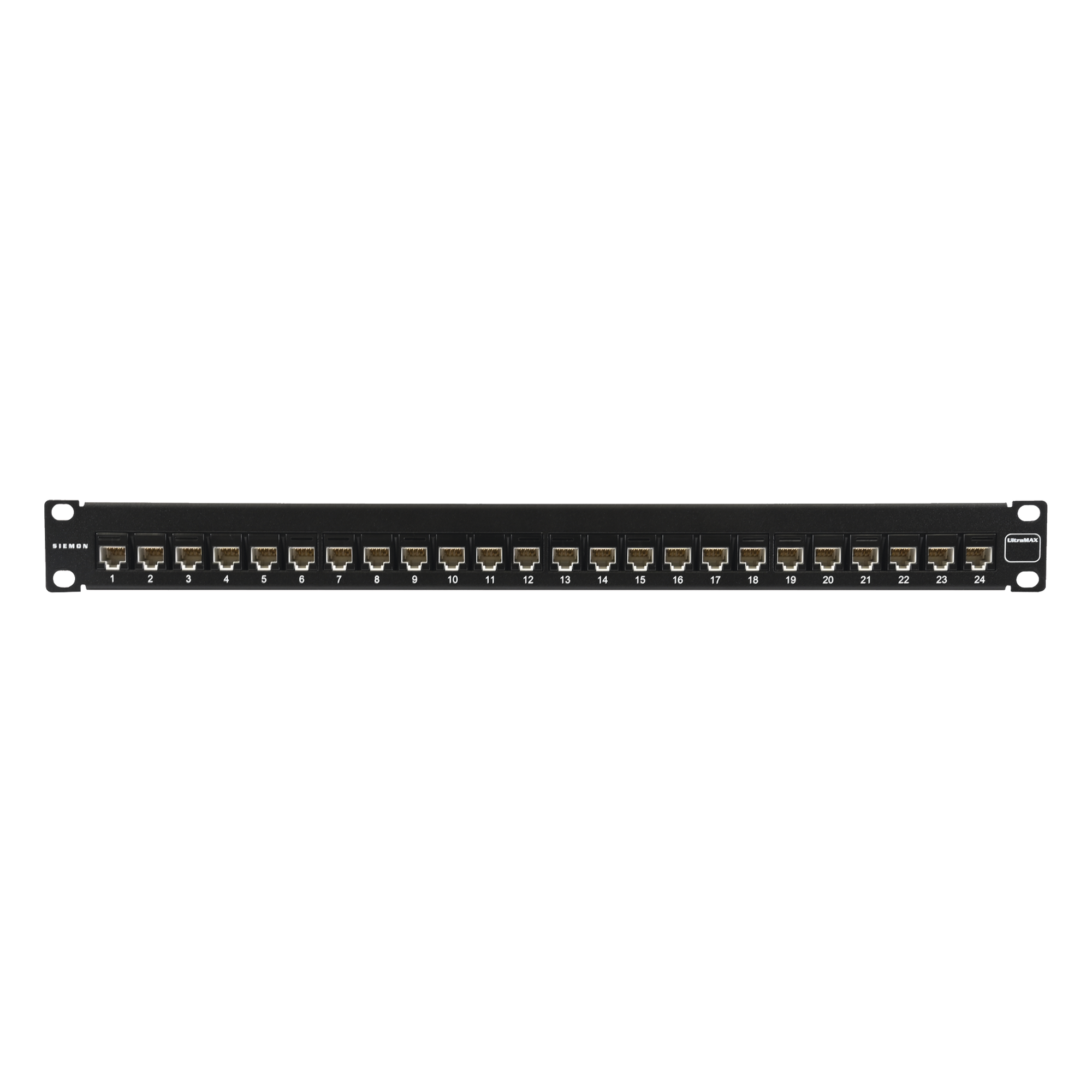 Patch Panel Ultramax. UTP, Precargado con Jacks Cat5e, 24 Puertos, Plano, 1U — SIEMON · SKU UP5-F1-24L-RS