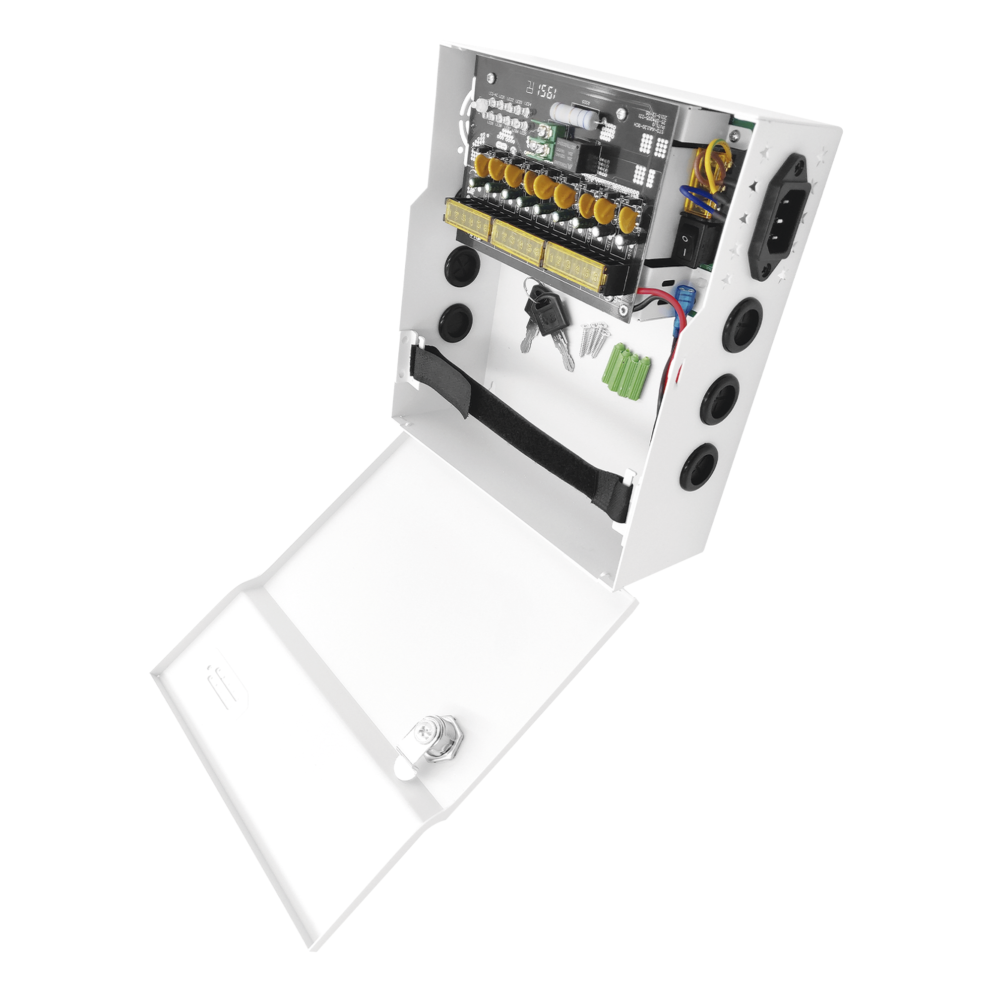  Fuente de Poder con ajuste de voltaje de 11- 15 Vcc / 10 A / 9 Salidas / Capacidad de Batería de Respaldo / Requiere Batería / Voltaje de Entrada 96-264 Vca