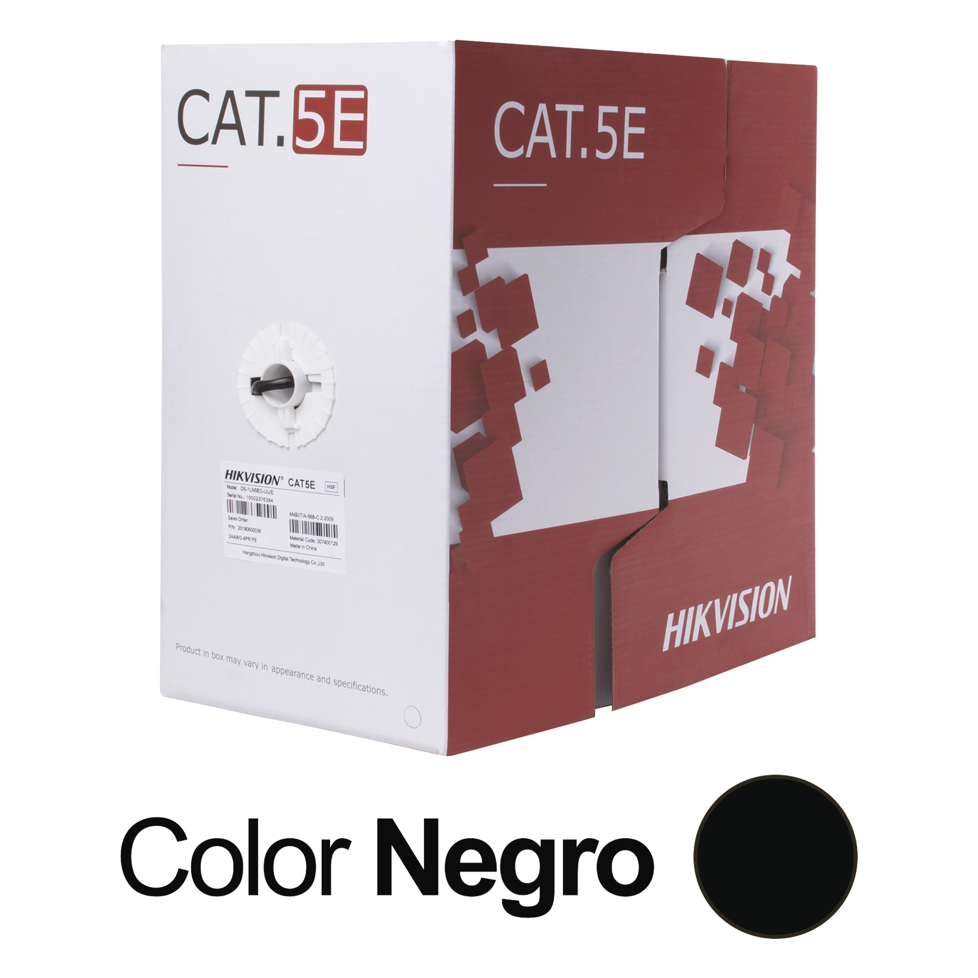 Bobina de Cable UTP 305 Metros (1000 Pies) / Cat 5E (24 AWG) / Color Negro / PE / Uso en Exterior / 100% Cobre / Aplicaciones de CCTV, Redes de Datos y Enlaces Inalámbricos — HIKVISION · SKU DS-1LN5EO-UU/E