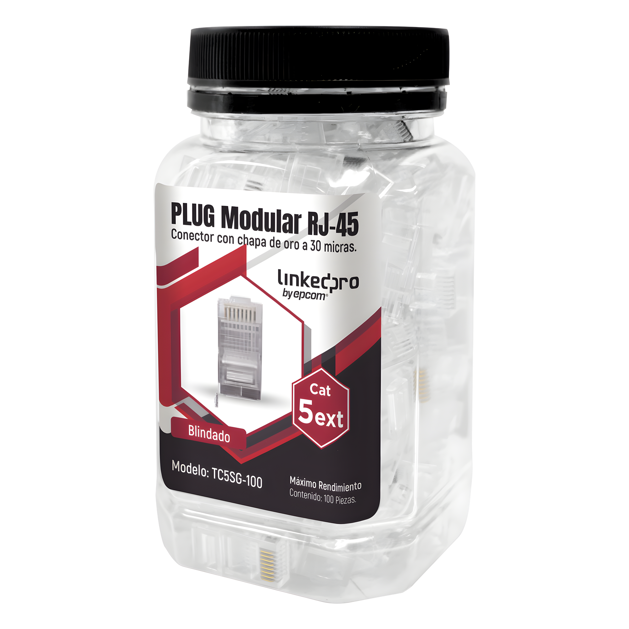 Bote con 100 Piezas de Plug Modular RJ45 Cat5e Blindado, Chapado de Oro a 30 Micras para Durabilidad Extrema con Pin de Tierra — LINKEDPRO BY EPCOM · SKU TC5SG-100