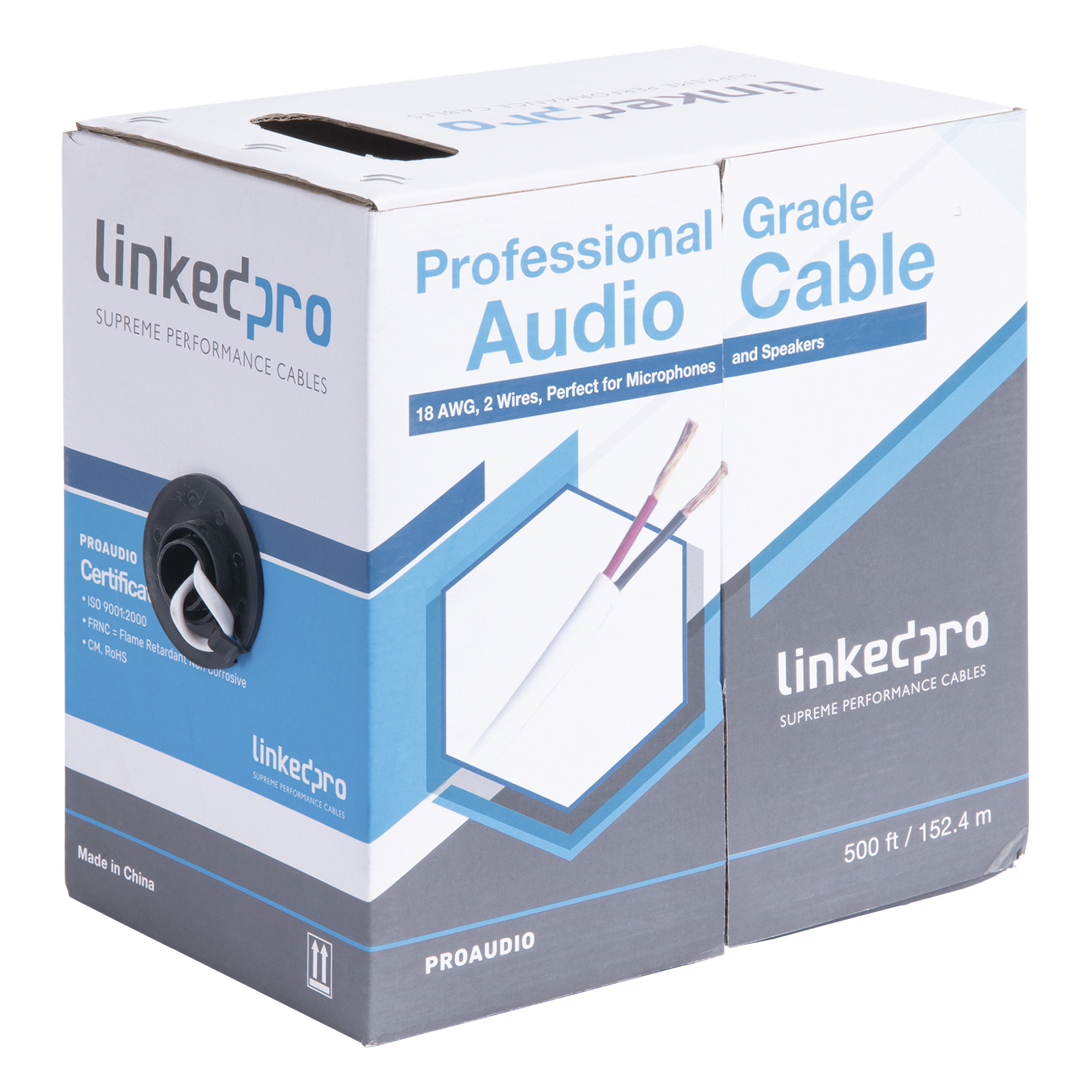 Cable para Audio Profesional de 2 Conductores Calibre 18 para Aplicaciones de Audio y Automatización Bobina de 152 Metros (500 Pies) — LINKEDPRO BY EPCOM · SKU PRO-AUDIO