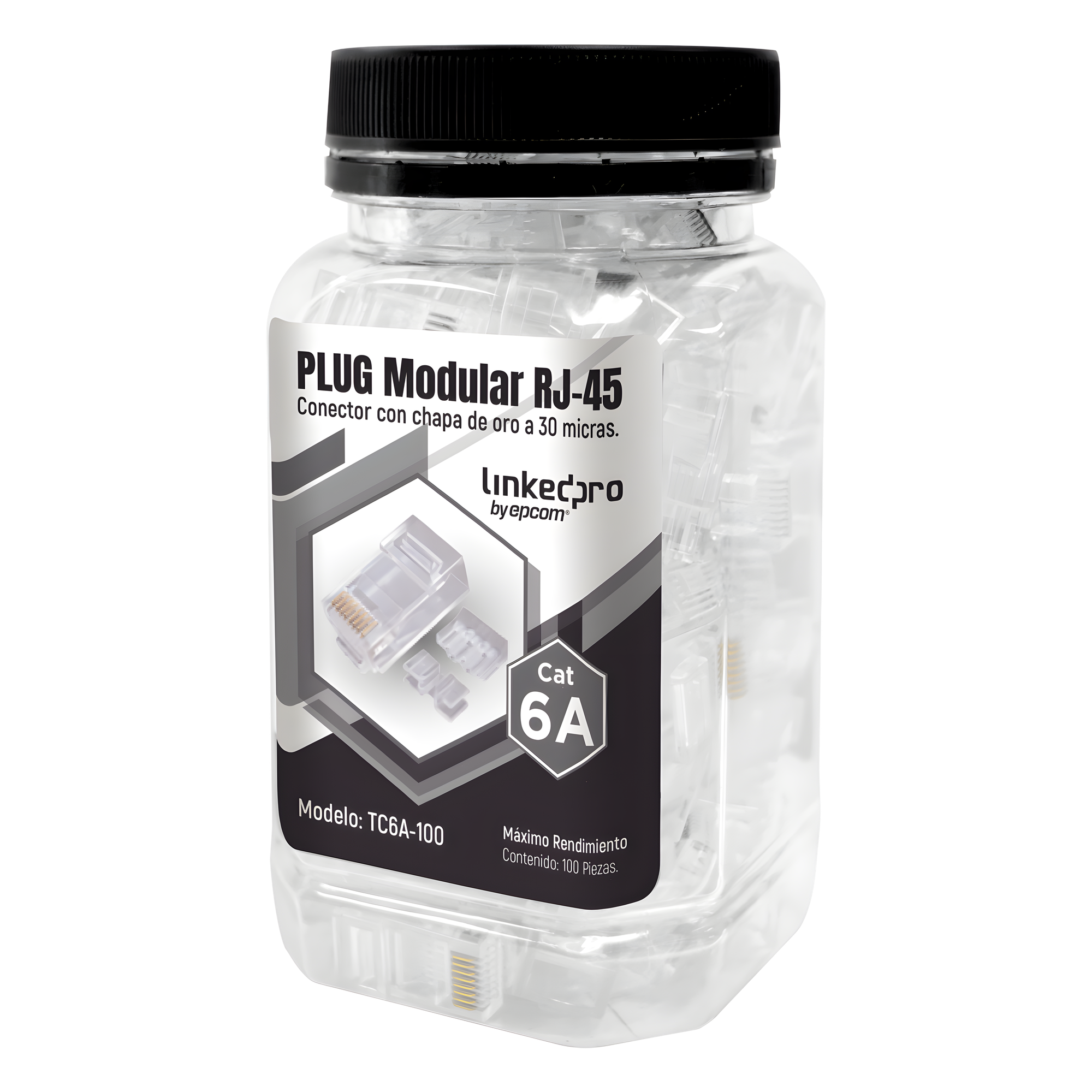 Bote con 100 Piezas de Plug Modular RJ45 Cat6A Chapado de Oro a 30 Micras para Durabilidad Extrema — LINKEDPRO BY EPCOM · SKU TC6A-100