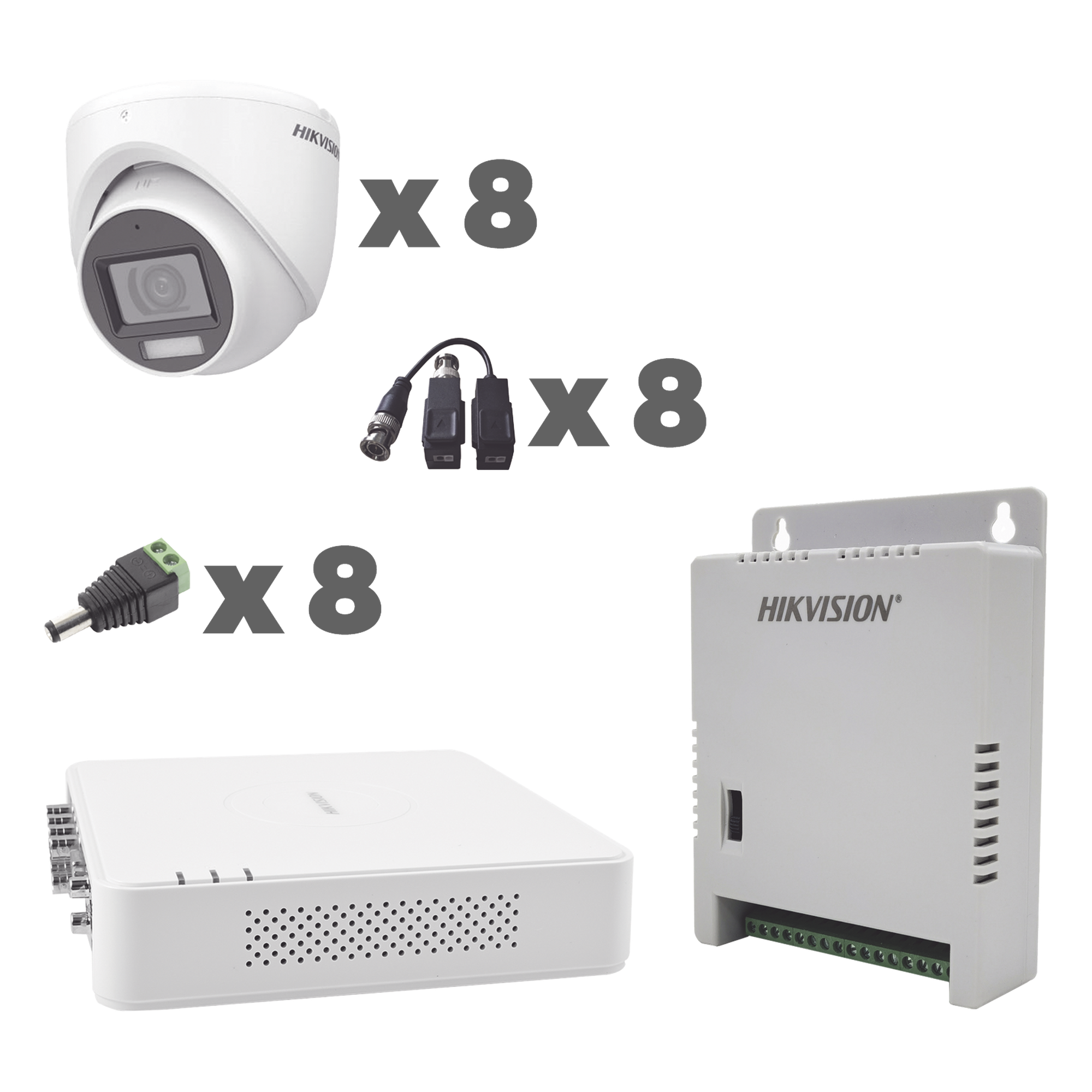 KIT TurboHD 1080p / DVR 8 Canales con audio por coaxitron / 8 Cámaras con Micrófono Integrado 101° Visión/ luz blanca + IR visión nocturna / Transceptores / Conectores / Fuente de Poder Profesional — HIKVISION · SKU KH1080P8EWFH