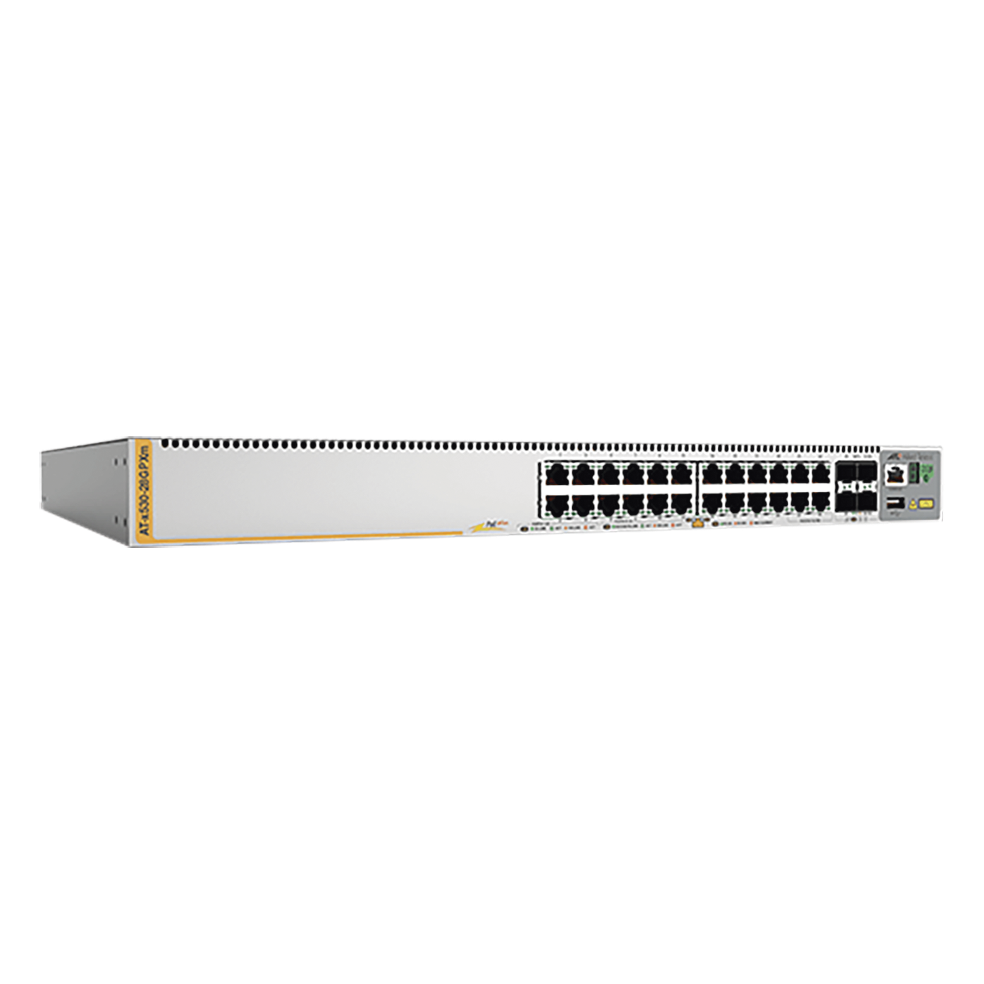 Switch PoE+ Stackeable Capa 3, 20 puertos 10/100/1000 Mbps + 4 x 100M/1G/2.5/5G-T + 4 puertos SFP+ 10 G, hasta 740 W, fuente redundante — ALLIED TELESIS · SKU AT-X530-28GPXM-10