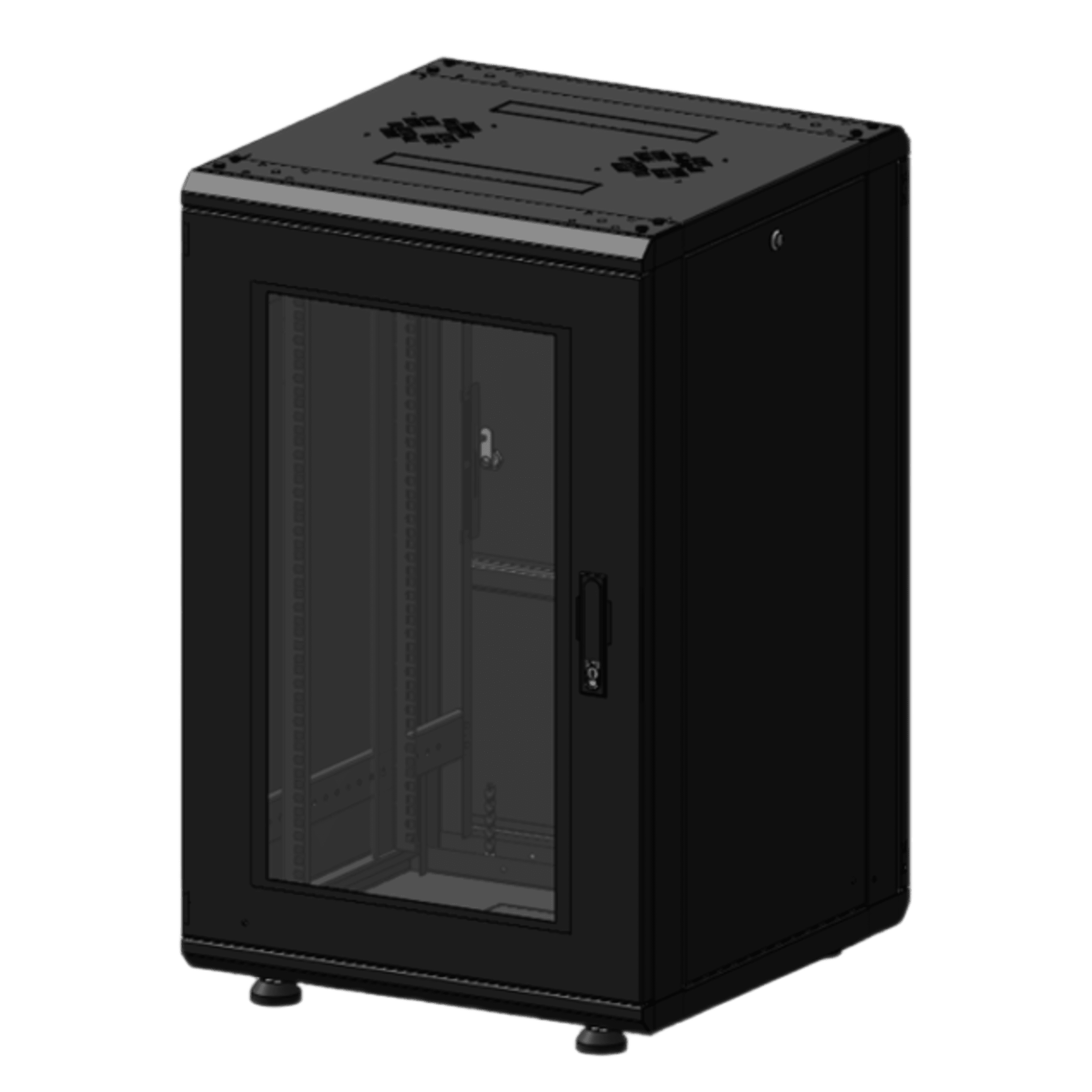 Gabinete Rack 19 Pulgadas / 18 Unidades / Piso / Puerta de Cristal / Acero Calibres 16-18-20 / Capacidad 750 kg (1653.5 lb) / Dimensiones 60 cm (23.6 in) x 93 cm (36.6 in) x 46 cm (18.1 in)
