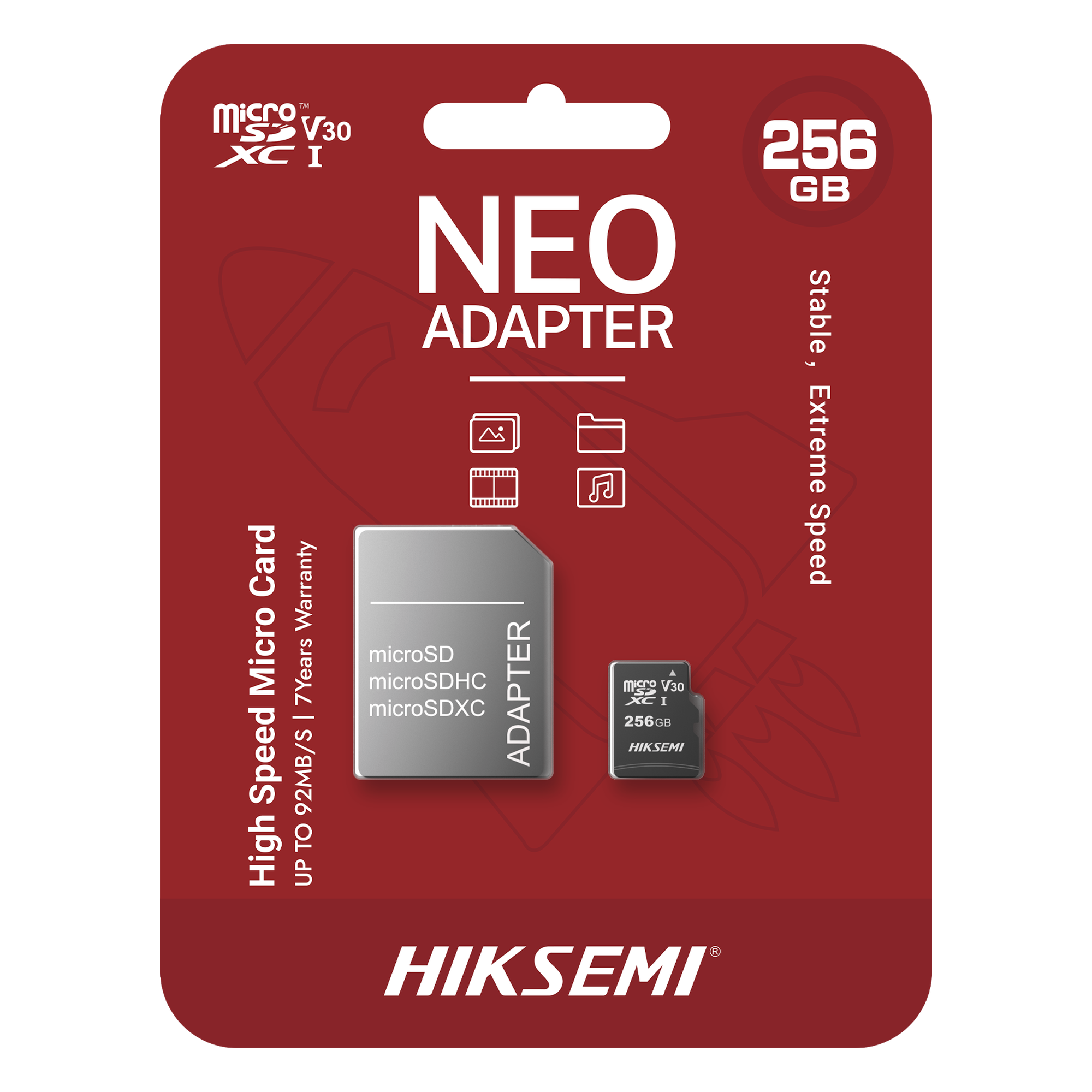 Memoria microSDXC / 256 GB / Clase 10 / Lectura 92 MB/s / Escritura 50 MB/s / NAND TLC / Resistente Agua y Golpes / Adaptador SD Incluido — HIKSEMI by HIKVISION · SKU HS-TF-C1/256G/NEO/A