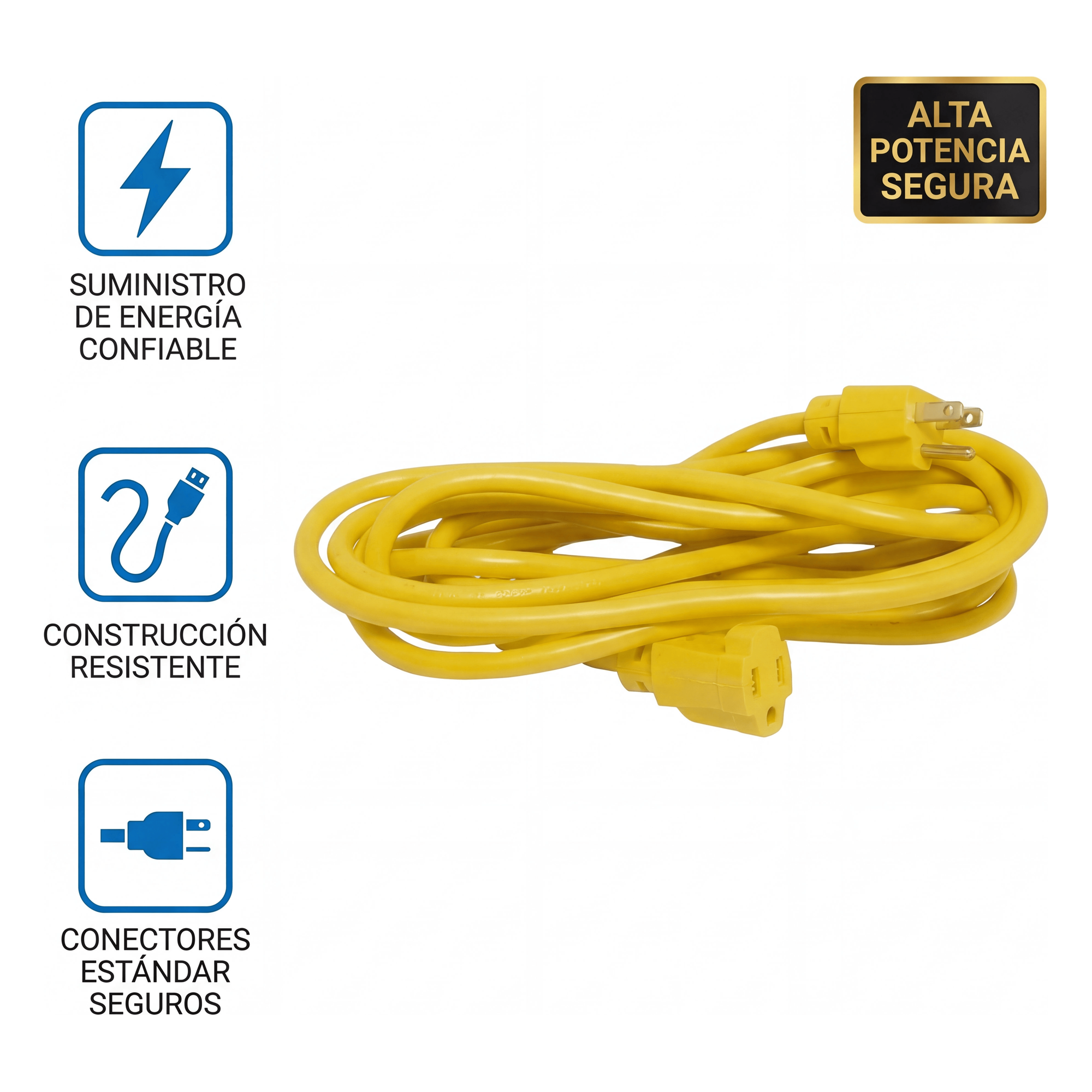 Extensión Eléctrica de Uso Rudo Aterrizada 15 metros / 127 V CA 10 A Máximo / Color Amarillo.