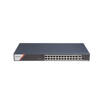 Switch Gigabit PoE+ / Administrable / 24 Puertos 1000 Mbps PoE+ (4 Puertos PoE++ 90 W) / 2 Puertos 1000 Mbps de Uplink / 2 Puertos SFP / Configuración Nube Hik-PartnerPro / Modo Extendido hasta 300 Metros / 370 W — HIKVISION · SKU DS-3E1528HP-SI-24P2T2F