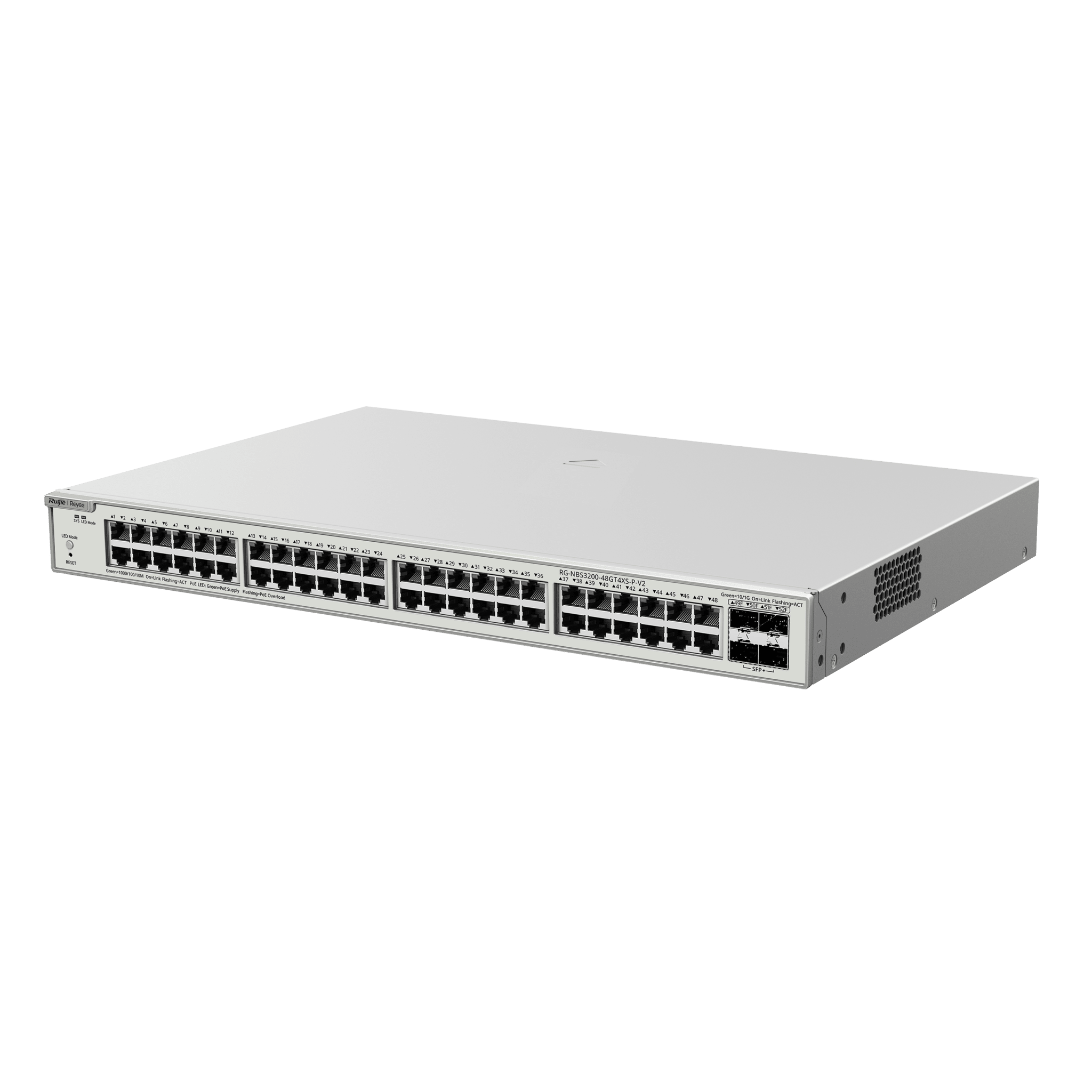 Switch Administrable PoE Capa 2+ / 48 Puertos Gigabit PoE 802.3af/at / 4 SFP+ 10Gb / 370W / Gestión en la Nube — RUIJIE · SKU RG-NBS3200-48GT4XS-P-V2