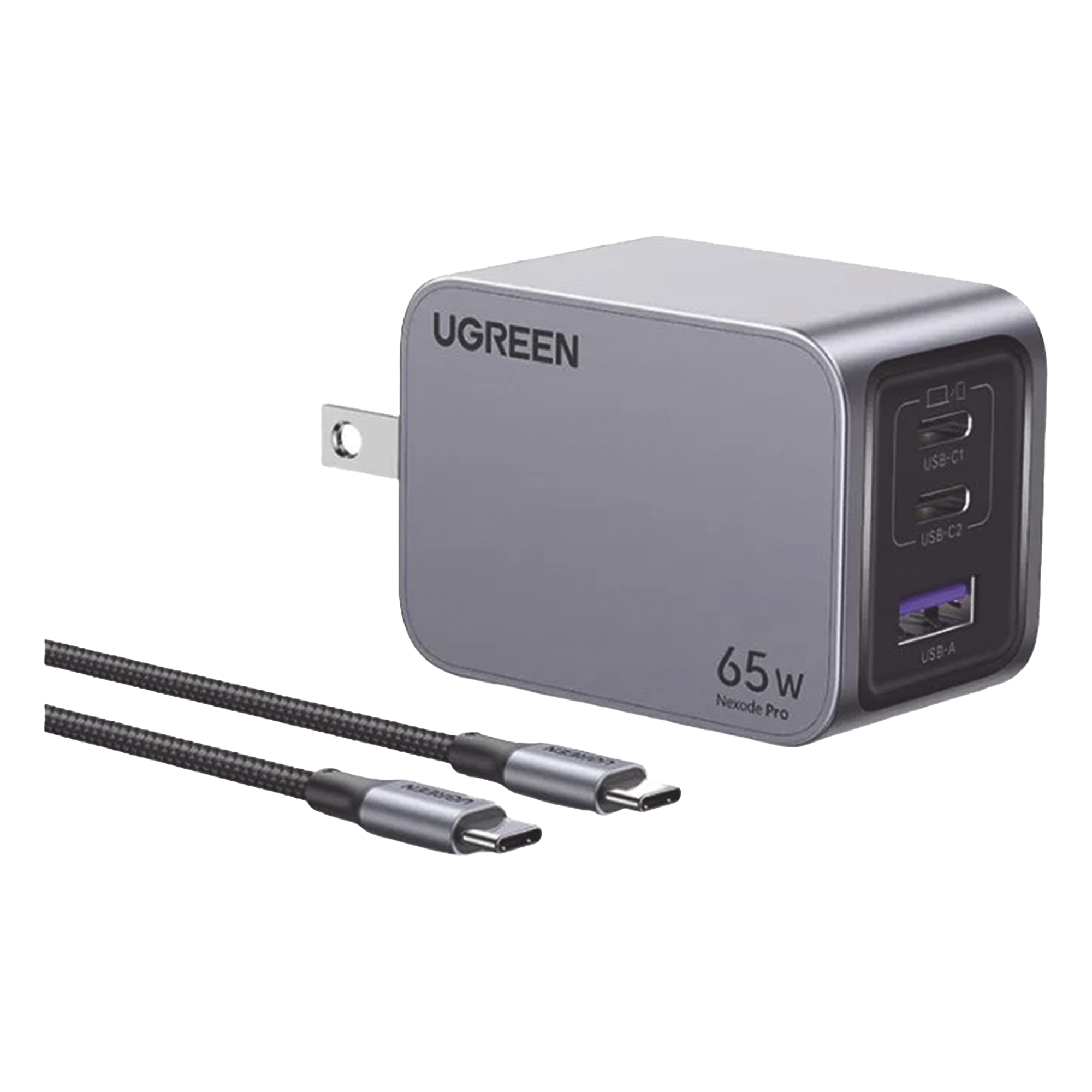 Cargador de 65W serie Nexode Pro | 3 Puertos de Carga Rápida | 2 USB-C | 1 USB-A | Tecnología GaNInfinity | PD3.1 de 65W / QC4.0 | Tecnología de Protección Térmica | Optimiza la Carga | Caja de Aluminio | Incluye Cable U — UGREEN · SKU 25870