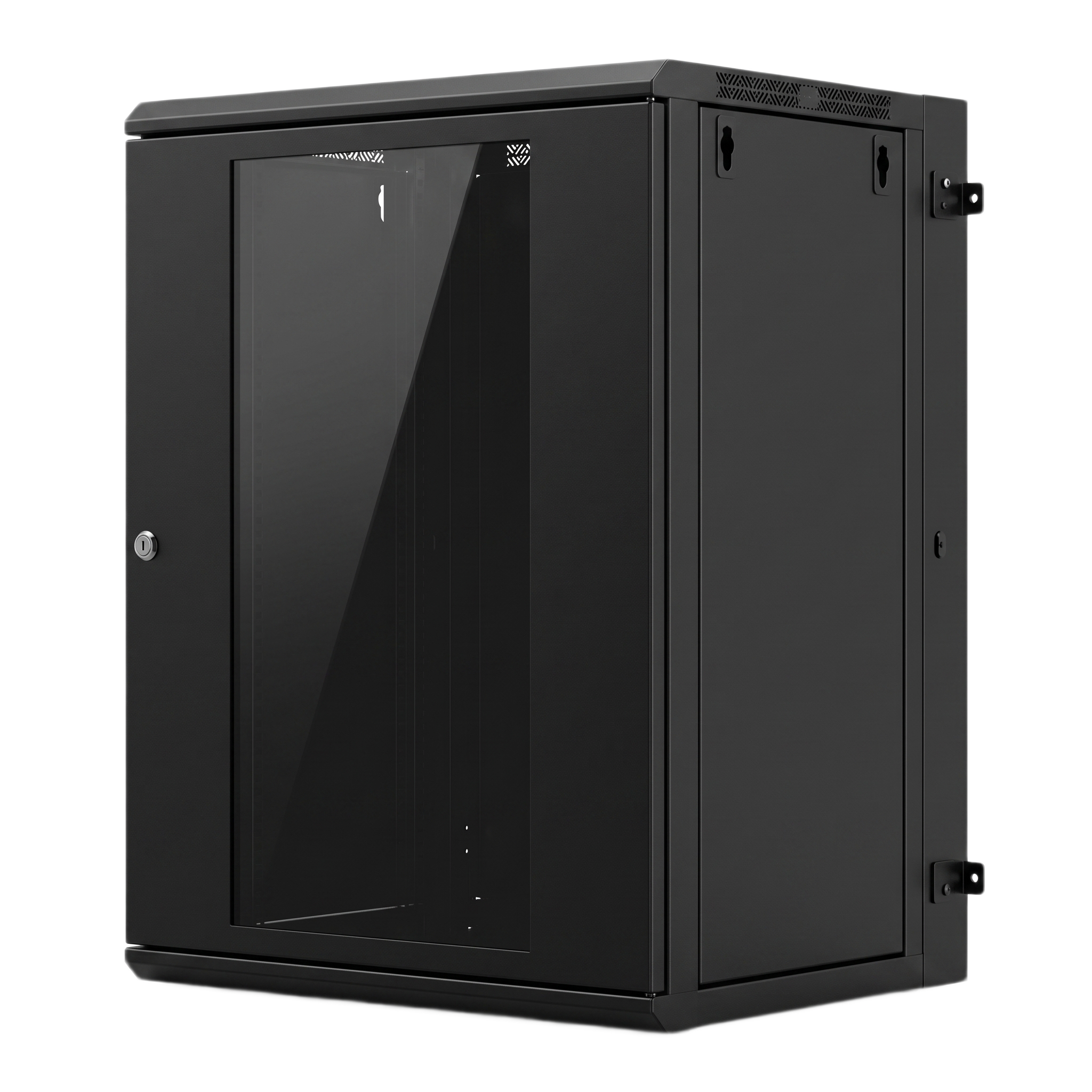 Gabinete Rack / 16 Unidades Rack (UR) / Puerta Cristal Templado / Montaje Pared / Acero Calibres 18-22 / Abatible 120° / Ventilación 120 mm