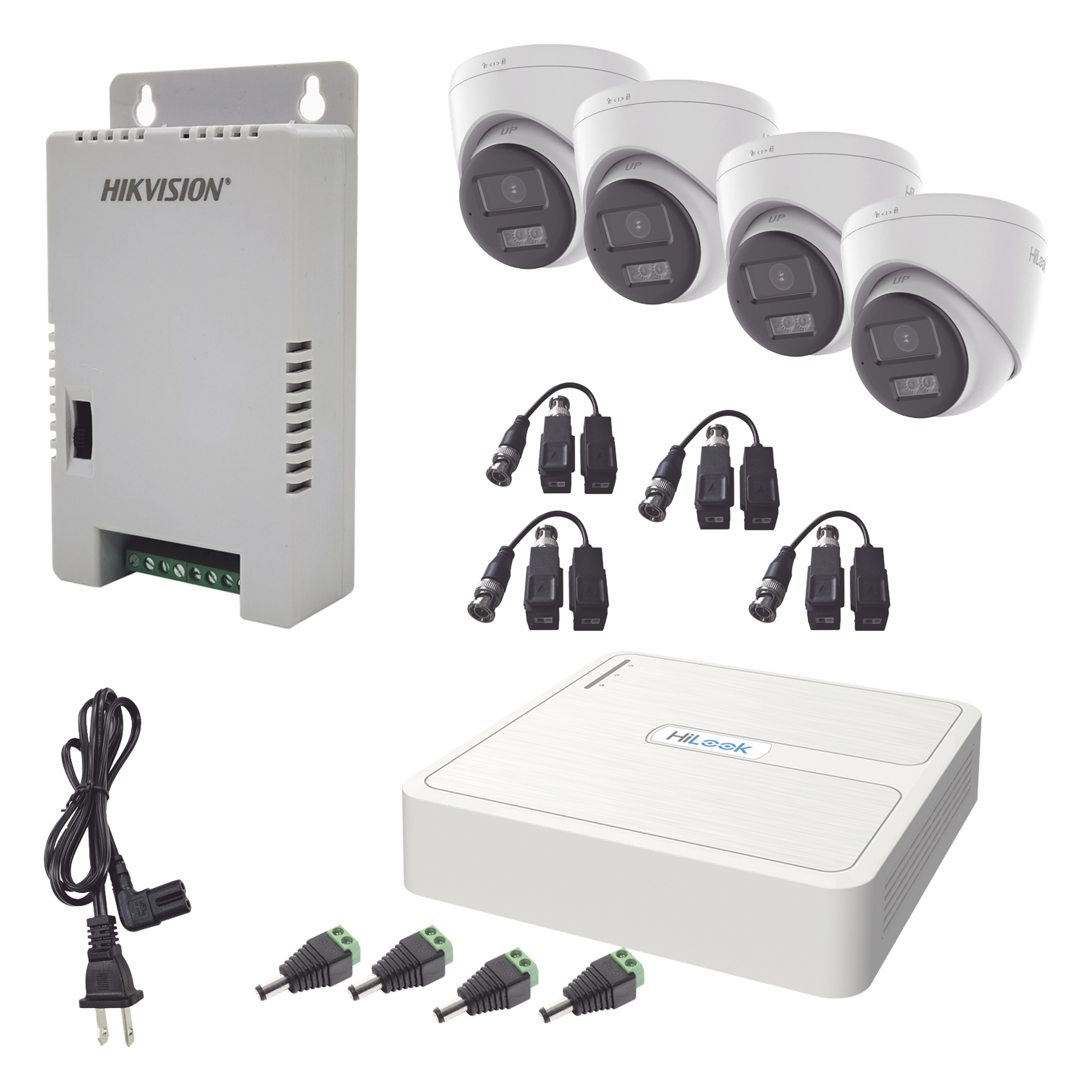 Kit HiLook Audio Bidireccional TurboHD 1080p / DVR 4 Canales / 4 Cámaras Eyeball (Exterior) con Bocina y Microfóno Integrado / 1 Fuente de Poder / Accesorios — HiLook by HIKVISION · SKU HL-1080P-4E-TWA