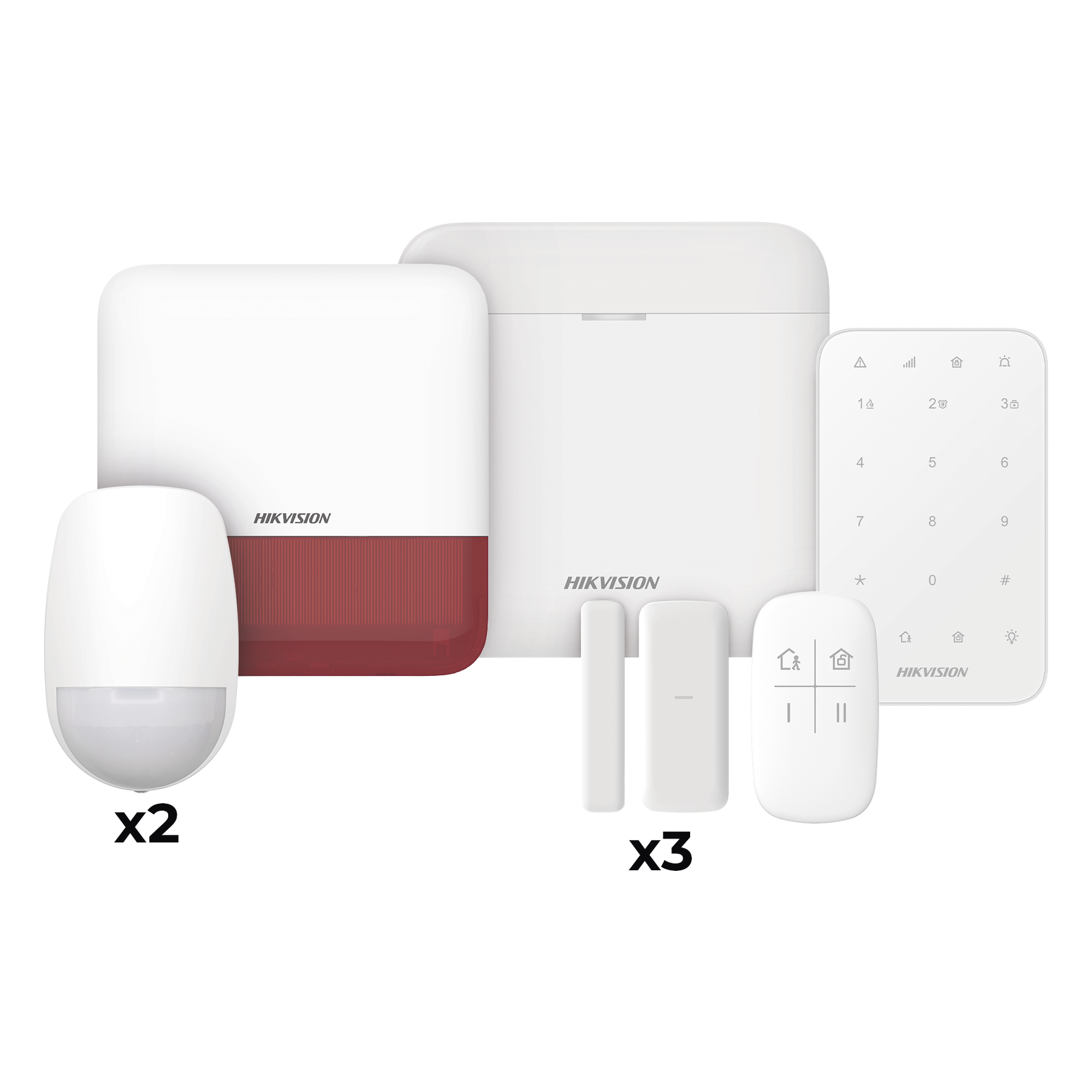 (AX PRO) KIT de Alarma AX PRO / Incluye: 1 Hub / 2 Sensores PIR / 3 Contactos Magnéticos mini / 1 Control Remoto / 1 Sirena Estrobo en color Rojo Inalámbrica Exterior /1 Teclado Inalámbrico / Wi-Fi / Compatible con Hik-Connect P2P — HIKVISION · SKU DS-PWA48-FULL-K(R)