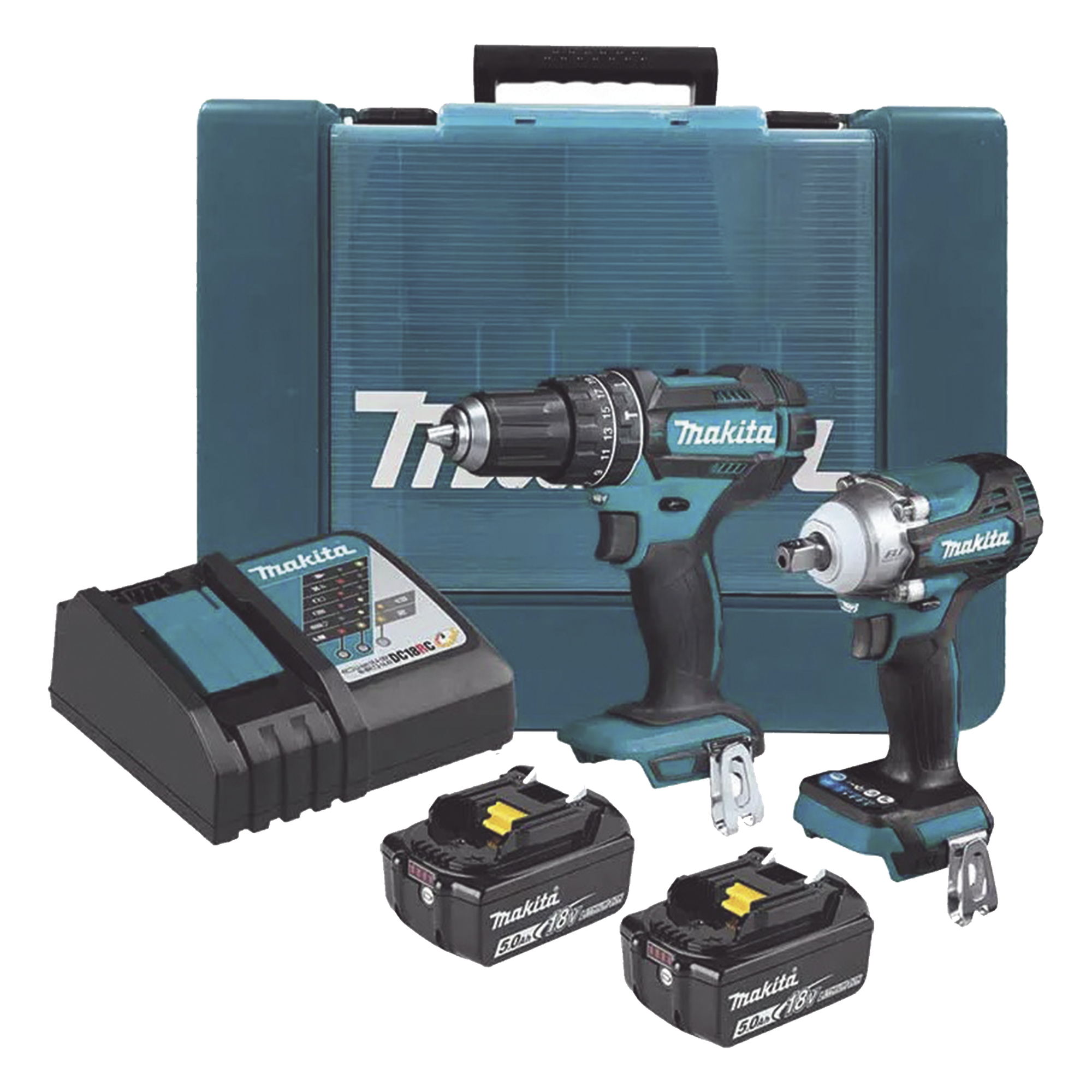 Kit de Rotomartillo Atornillador DHP482 + Atornillador de Impacto DTW301, incluye 2 Baterías BL1850B, 1 Cargador DC18SD y Maletín Plastico — MAKITA · SKU DLX2500T