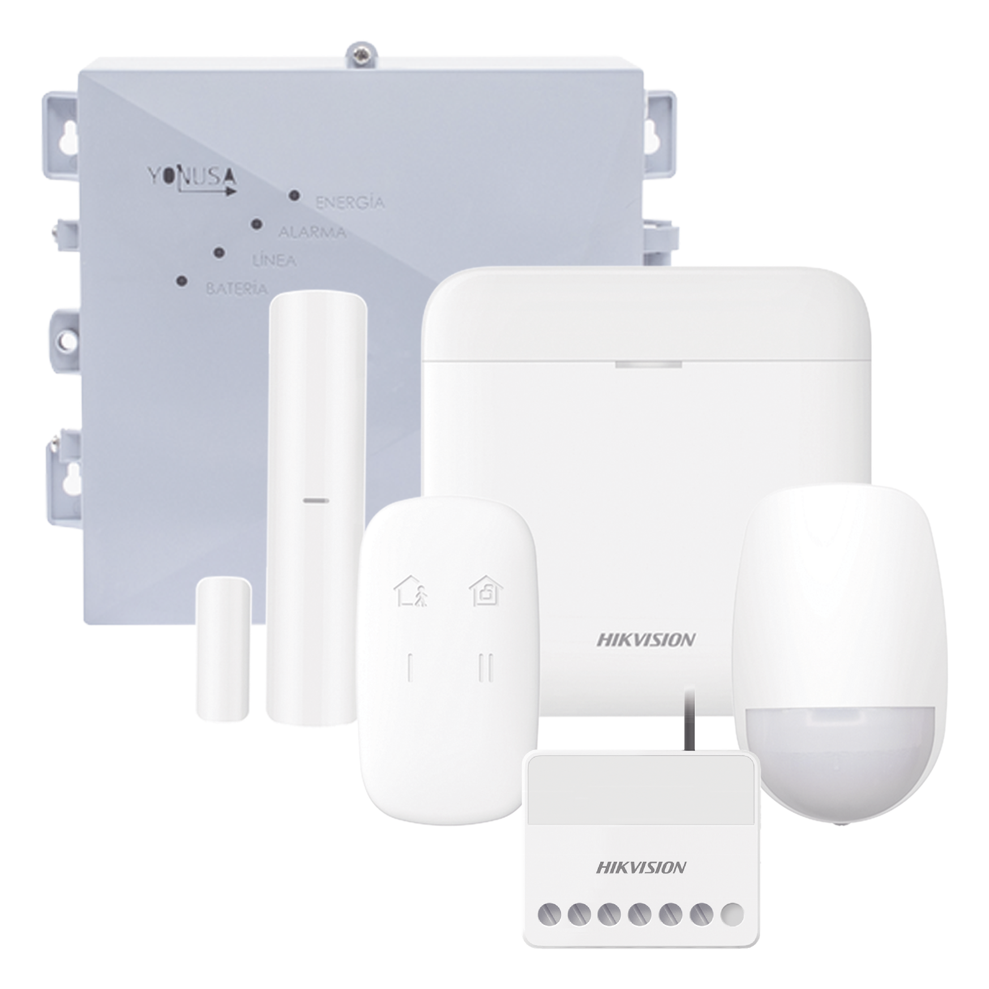 (AX PRO + YONUSA) KIT de Alarma AX PRO / Incluye: 1 Hub con bateria de respaldo / 1 Energizador 2500Mts Lineales / 1 Relevador 0 a 36 Vcc (Max. 5 A) con Entrada de Alarma 27/7 / 1 Keyfob / 1 PIR Interior / 1 Magnético — HIKVISION · SKU DS-PWA48K-SYSNGV2