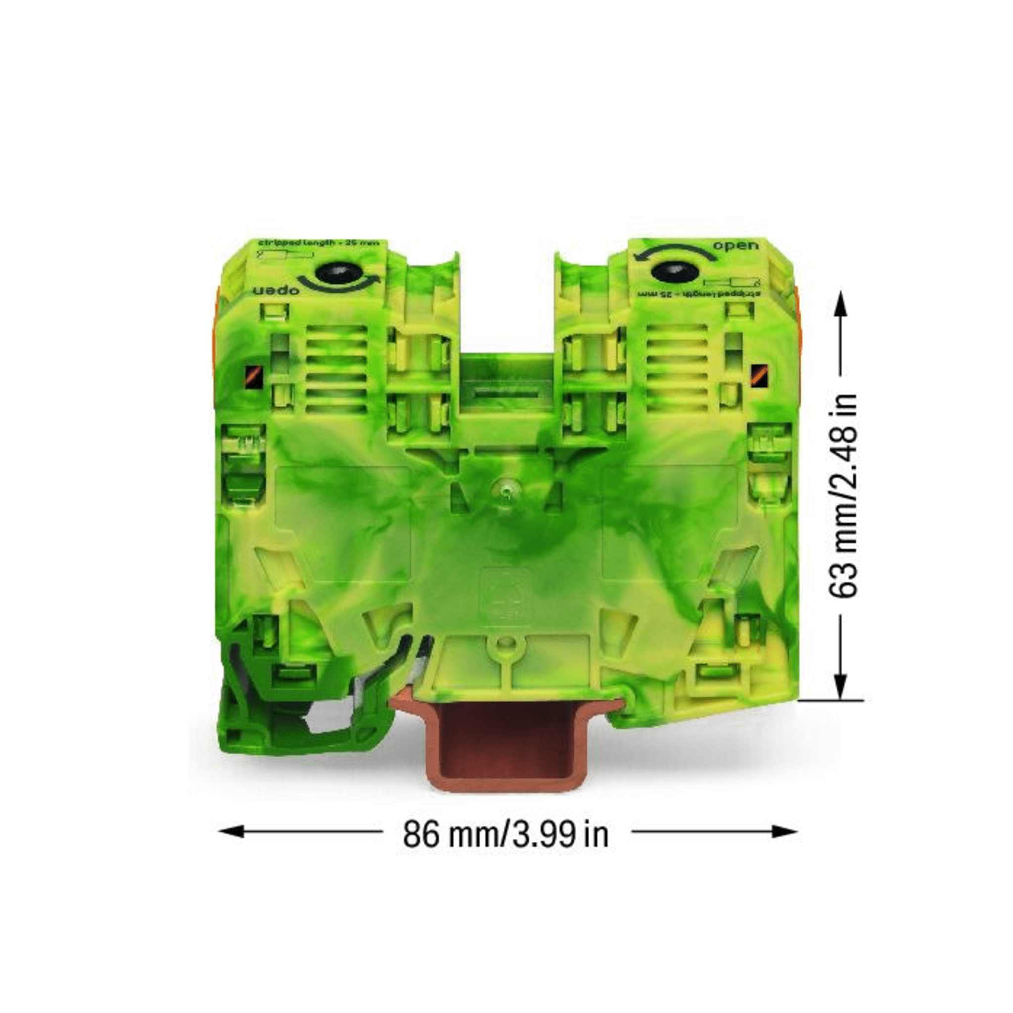 Borna de Tierra, 2 Conductores 35 mm², POWER CAGE CLAMP, Poliamida PA66, Montaje Carril DIN 35x15, Verde-Amarillo, Aplicaciones Ferroviarias y Marinas