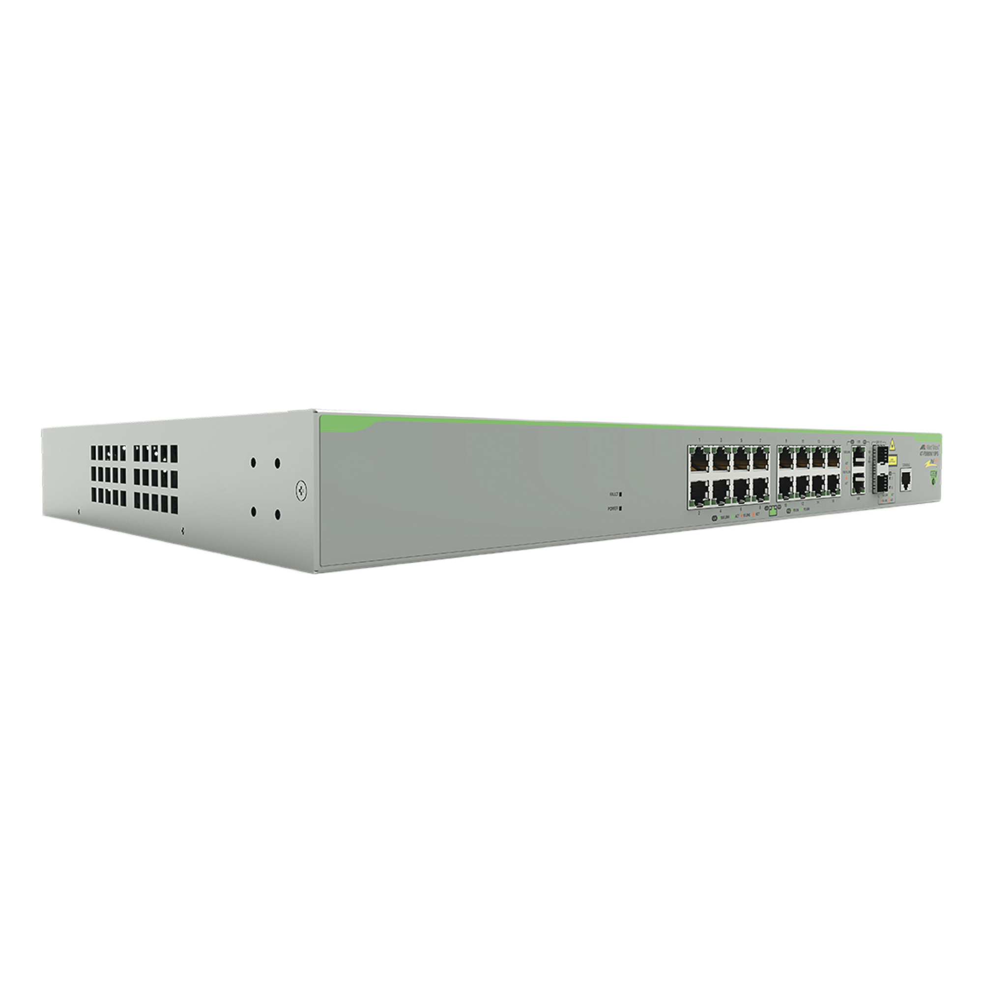 Switch PoE+ Administrable CentreCOM FS980M, Capa 3 de 16 Puertos 10/100 Mbps + 2 puertos RJ45 Gigabit/SFP Combo, 250W — ALLIED TELESIS · SKU AT-FS980M-18PS-10