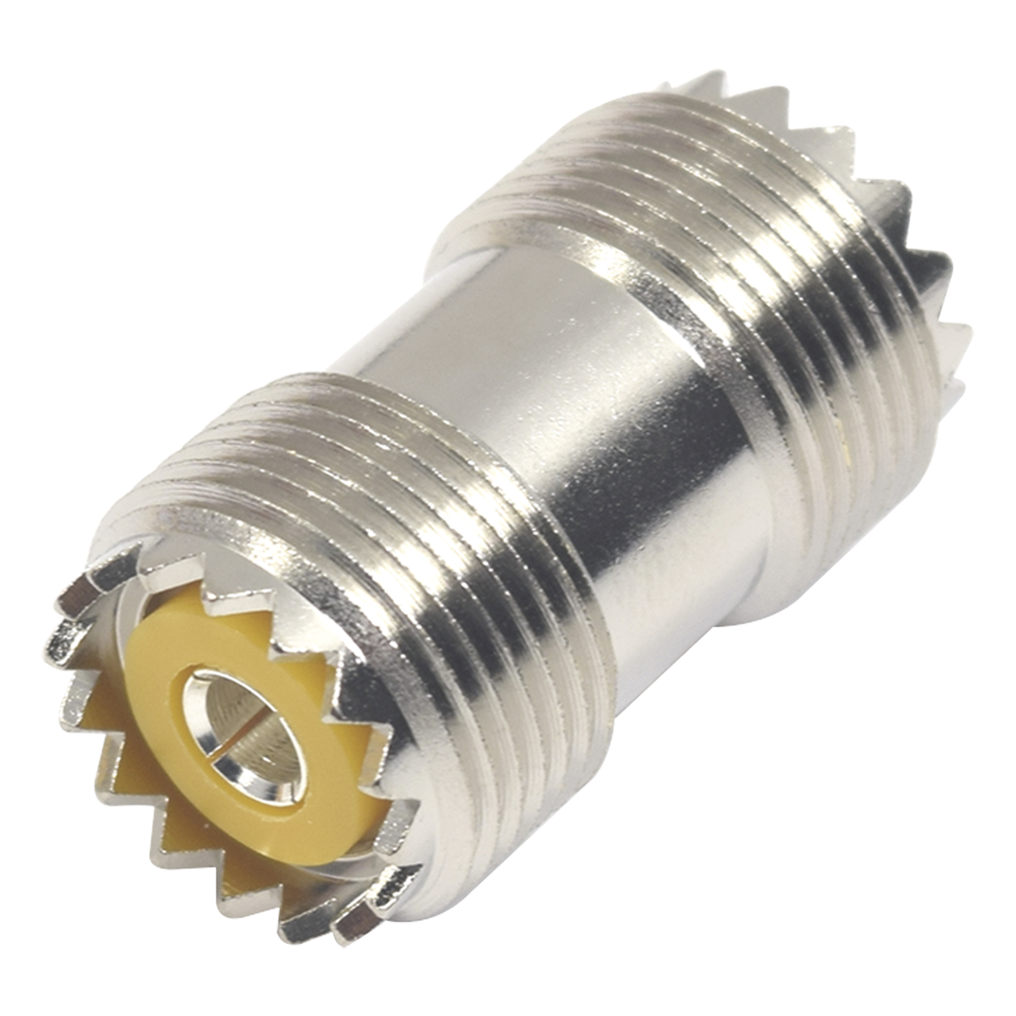 Adaptador Barril en Línea, de Conector UHF Hembra (SO-239) a UHF Hembra (SO-239), Niquel/ Plata/ Dap. — RF INDUSTRIES,LTD · SKU RFU-536
