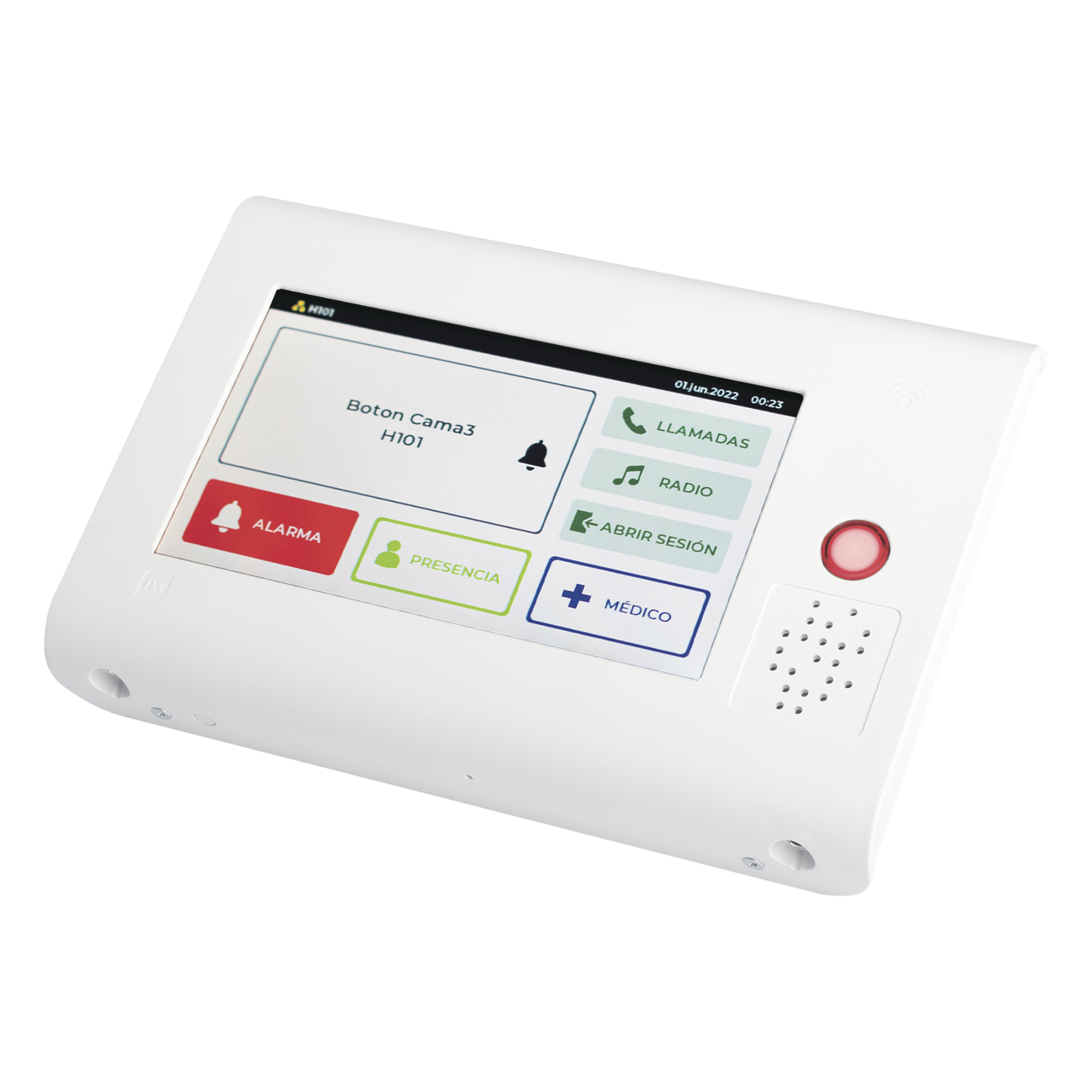 Terminal Inteligente para Habitación Hospitalaria / Pantalla Táctil 7" / RFID 125 kHz / VoIP SIP / PoE IEEE 802.3af / Bus RS485 / Carcasa Antibacteriana — IBERNEX · SKU NX1021