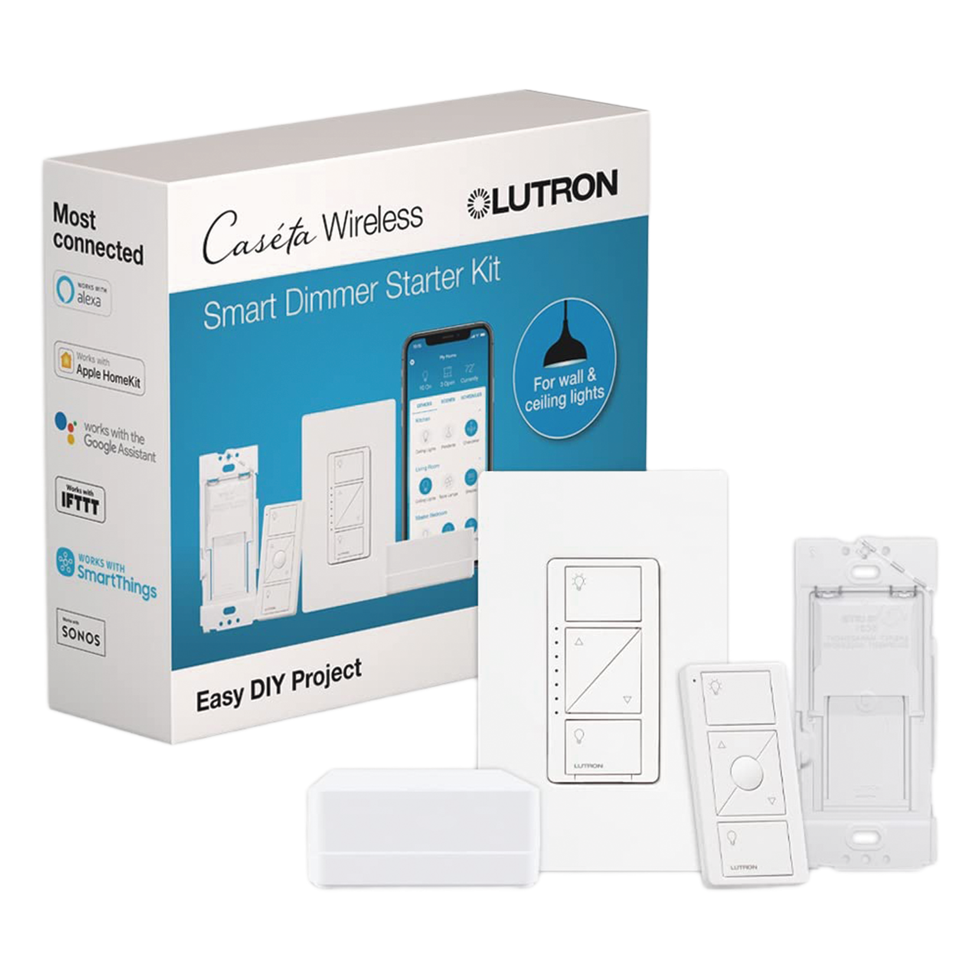 Kit de inicio Caseta Wireless con hub Smart Bridge, atenuador de pared, control Pico y placa Claro para controlar la iluminación desde la app Lutron — LUTRON CASETA WIRELESS · SKU PBDGPKG1W