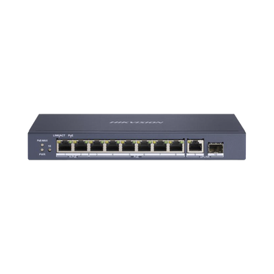 Switch PoE+ / No Administrable / 7 Puertos 1000 Mbps 802.3 af/at (30 W) / 2 Puertos 1000 Mbps Hi-PoE (90 W) / 1 Puertos 1000 Mbps Uplink / 1 Puerto SFP / Modo Extendido hasta 300 Metros / 110 Watts — HIKVISION · SKU DS-3E0510HP-E