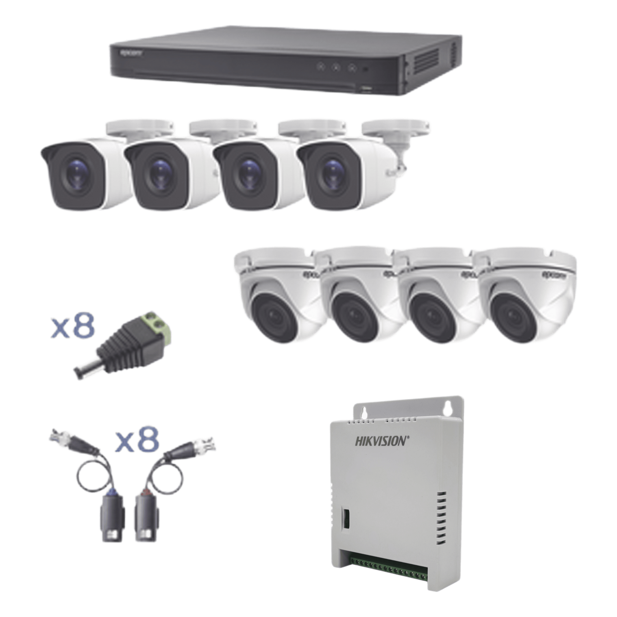 KIT TurboHD 1080p / DVR 8 Canales / 4 Cámaras Bala (exterior 2.8 mm) / 4 Cámaras Eyeball (exterior 2.8 mm) / Transceptores / Conectores / Fuente de Poder Profesional hasta 15 Vcc para Largas Distancias — EPCOM PROFESSIONAL · SKU KEVTX8T4BW/4EW