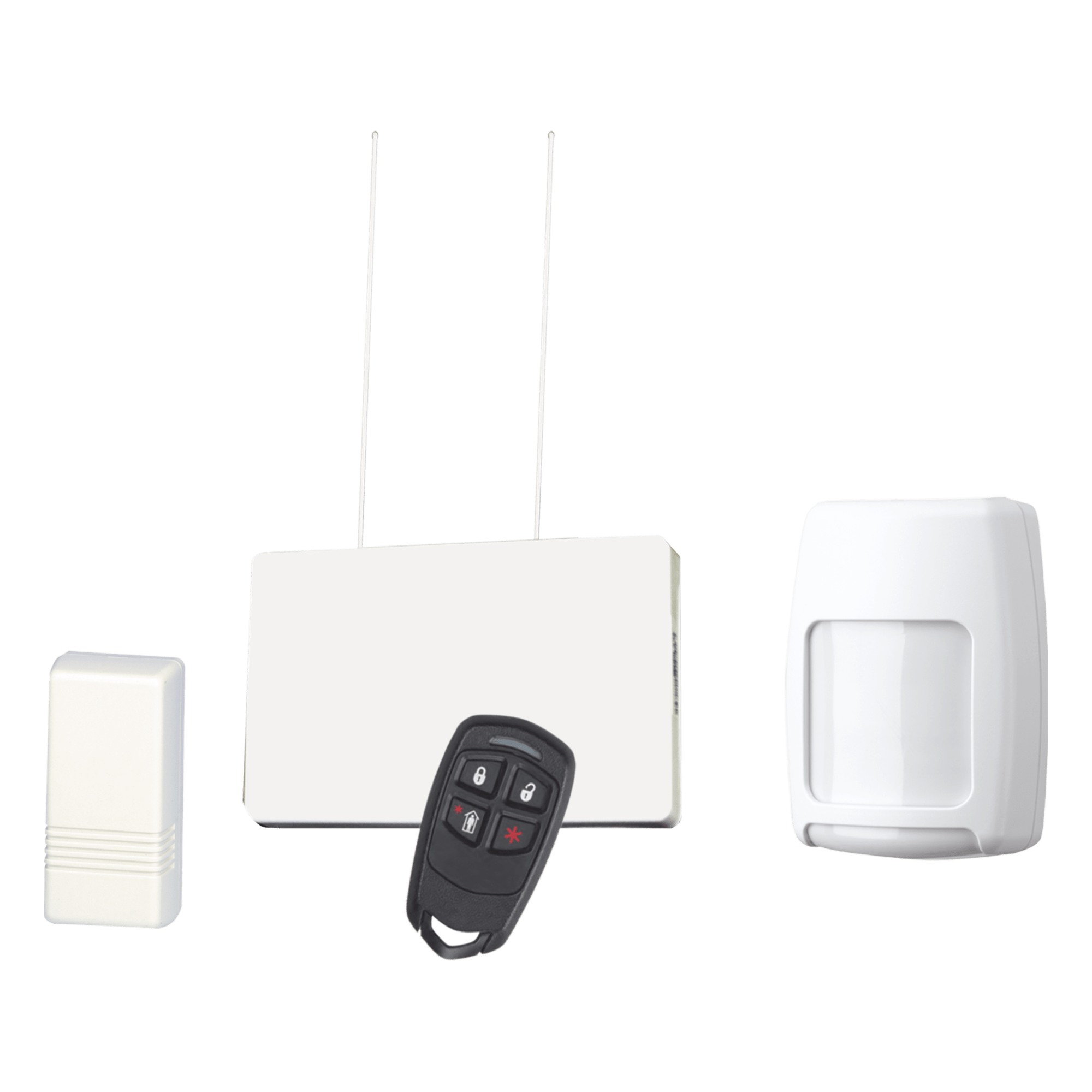 Kit inalámbrico con receptor, contactos magnéticos, detector de movimiento PIR y control remoto de 4 botones para panel de alarma Honeywell serie Vista — HONEYWELL HOME RESIDEO · SKU KITRFHII