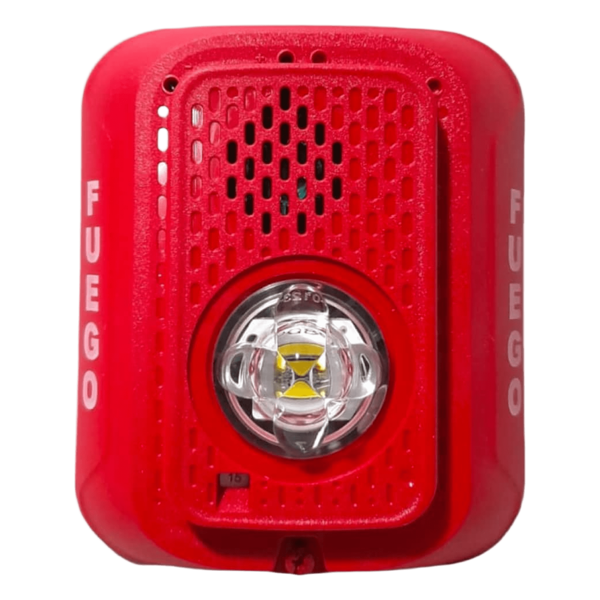 Sirena con lámpara estroboscópica LED de 2 hilos para pared, candela seleccionable, marcaje en español FUEGO, compatible con SpectrAlert — SYSTEM SENSOR · SKU P2RLEDSP