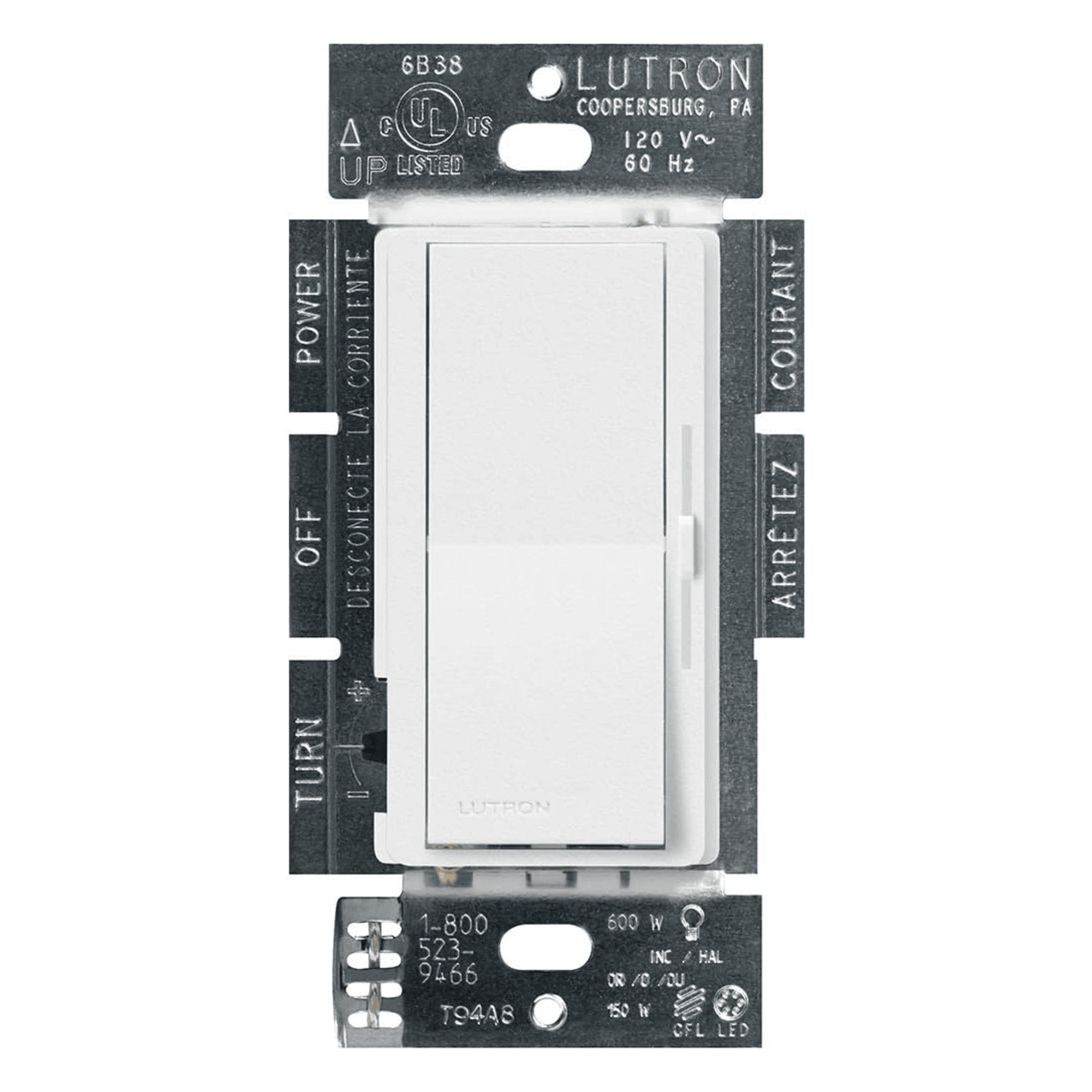 Atenuador de pared Diva C·L, un polo o 3 vías, para LED/CFL (150 W) o incandescente/halógena (600 W), color blanco nieve — LUTRON ELECTRONICS · SKU DVSCCL153PSW