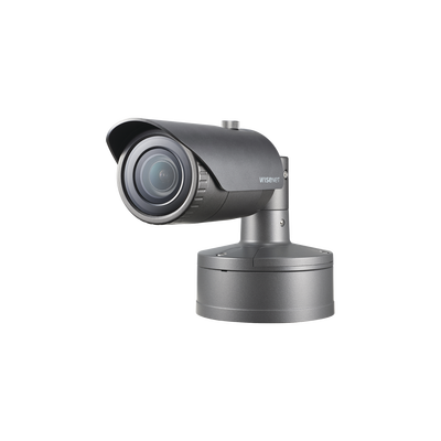 Cámara IP Tipo Bala 5MP Lente Fijo 3.7 MM IR 30M H.265, H.264, WDR 120DB, HLC, Doble SD CARD 12VDC/24VAC, POE, IP67, IK10, Conteo de Personas — HANWHA VISION · SKU XNO-8020R